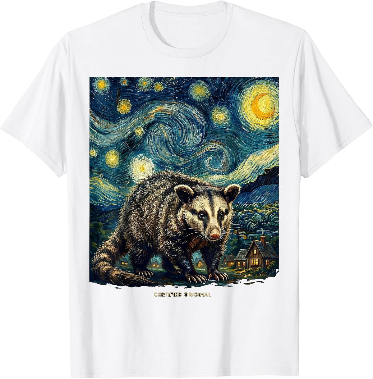 Men's Certified Original Opossum Van Gogh Starry Night Animal Art T-Shirt - White