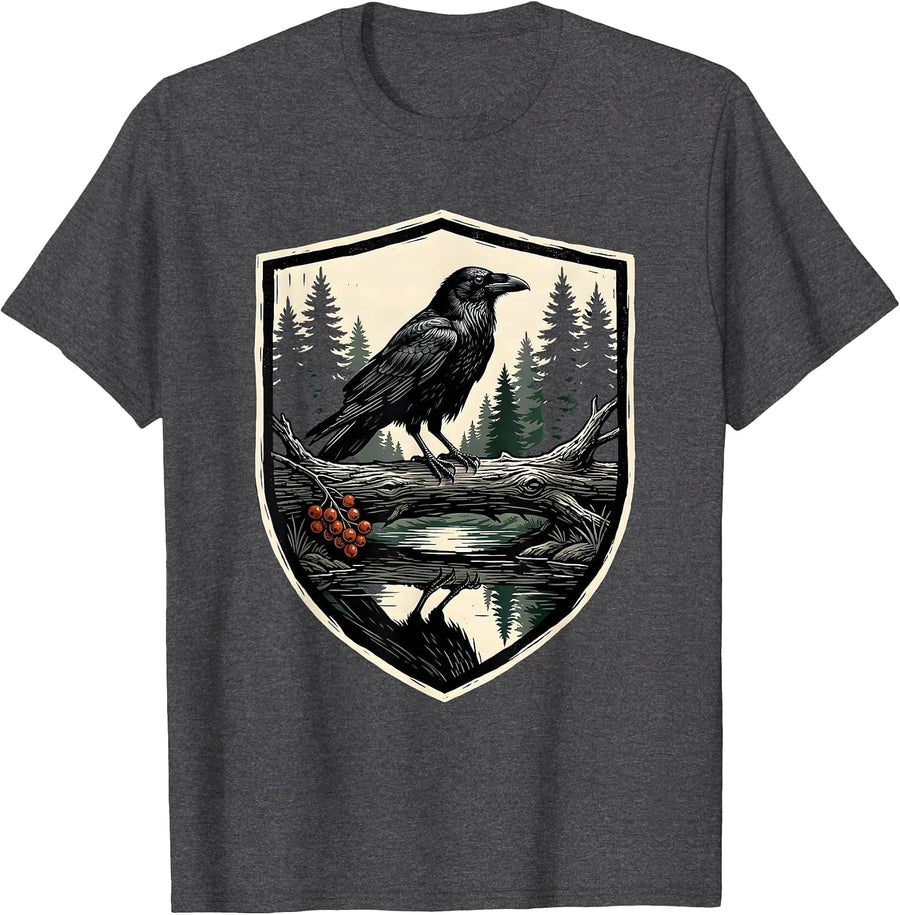 Men's Woodland Raven Shield Vintage Forest Wildlife Nature Lover T-Shirt - Dark Heather Grey