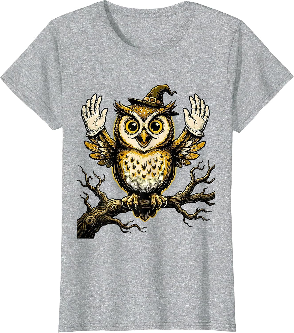 Spooky Owl on Bare Tree Branch Halloween Design T-Shirt - Heather Grey