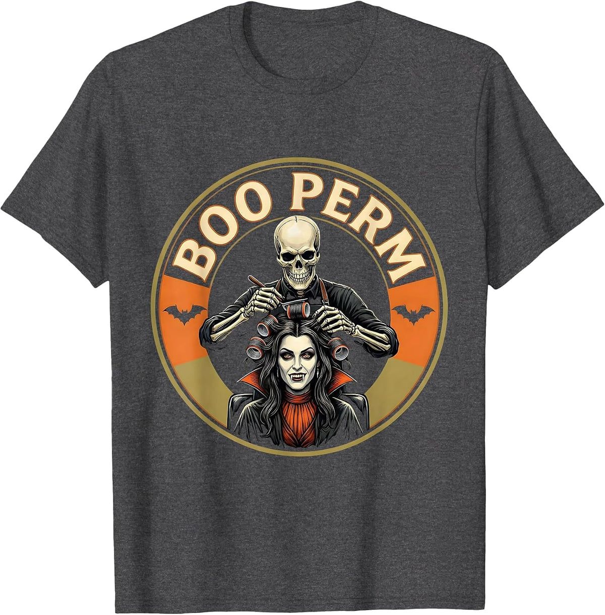 Men's Boo Perm Funny Skeleton Hairstylist Halloween Barber Humor T-Shirt - Dark Heather Grey