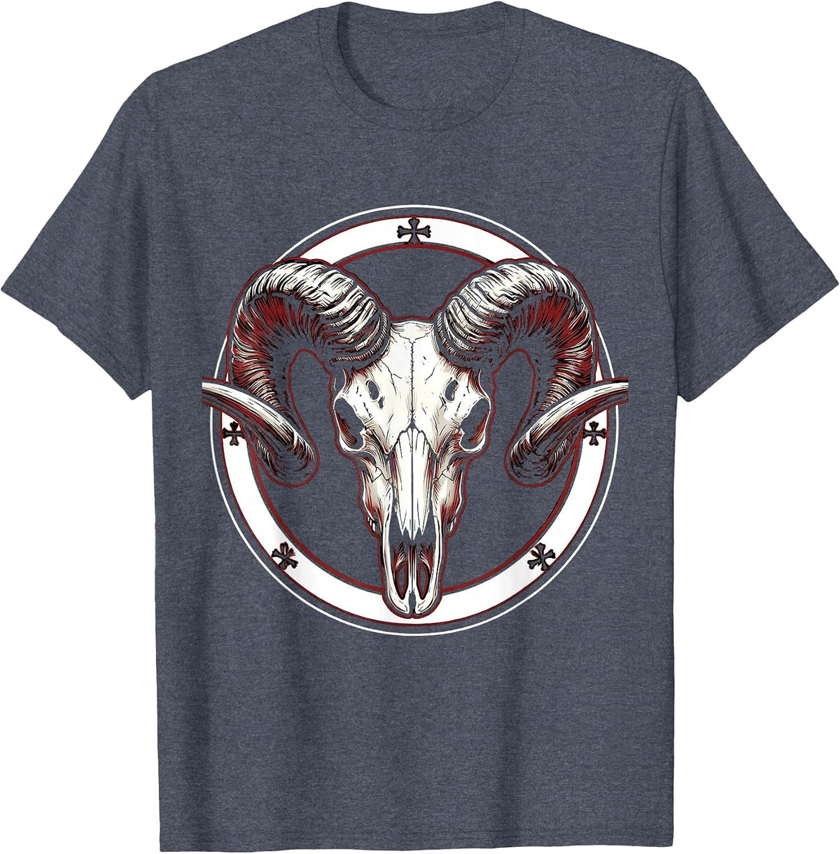 Ram Skull Curved Horns Metal Graphic Design T-Shirt - Heather Blue