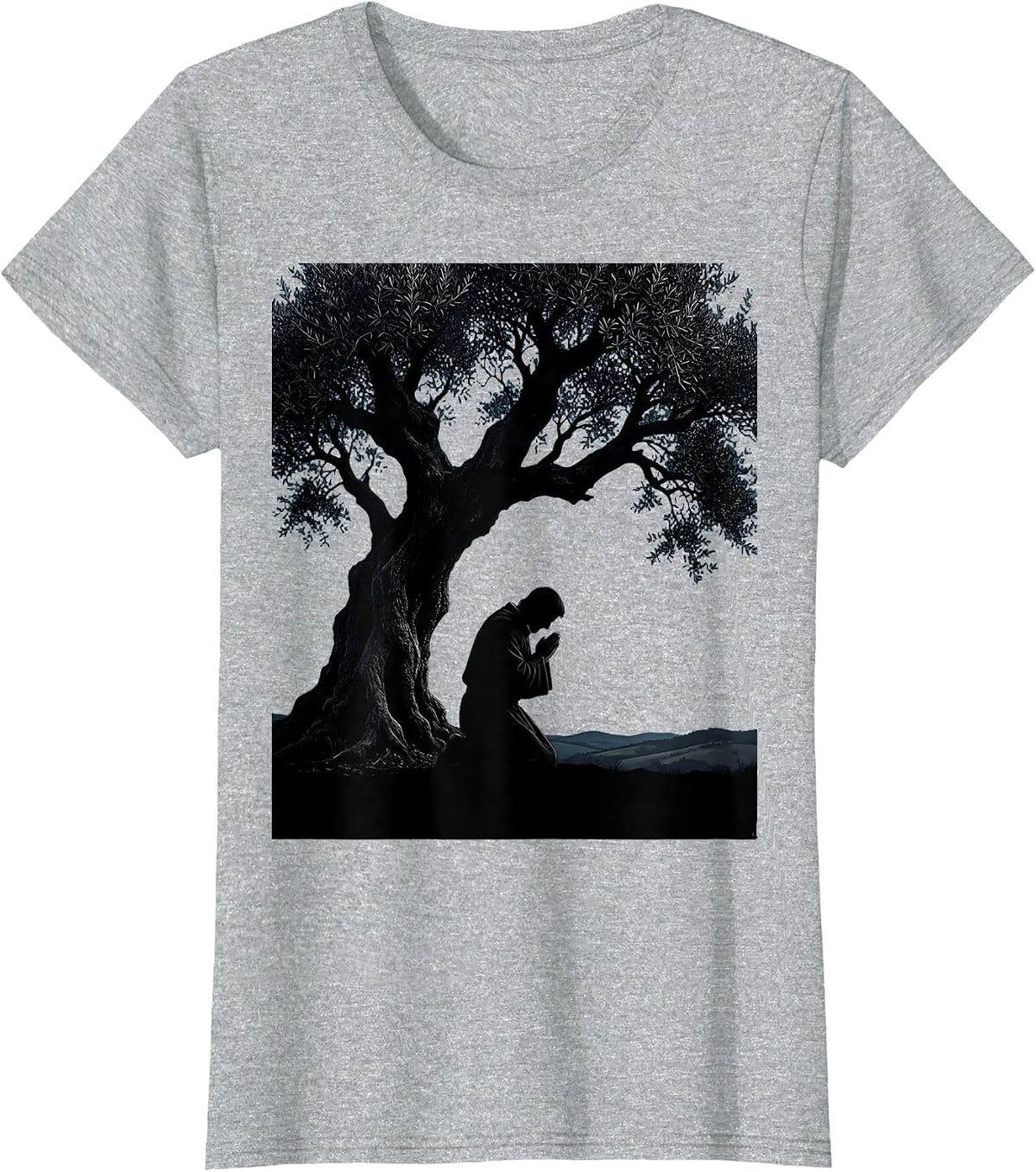 Jesus Kneeling in Garden at Night Illustration T-Shirt - Heather Grey