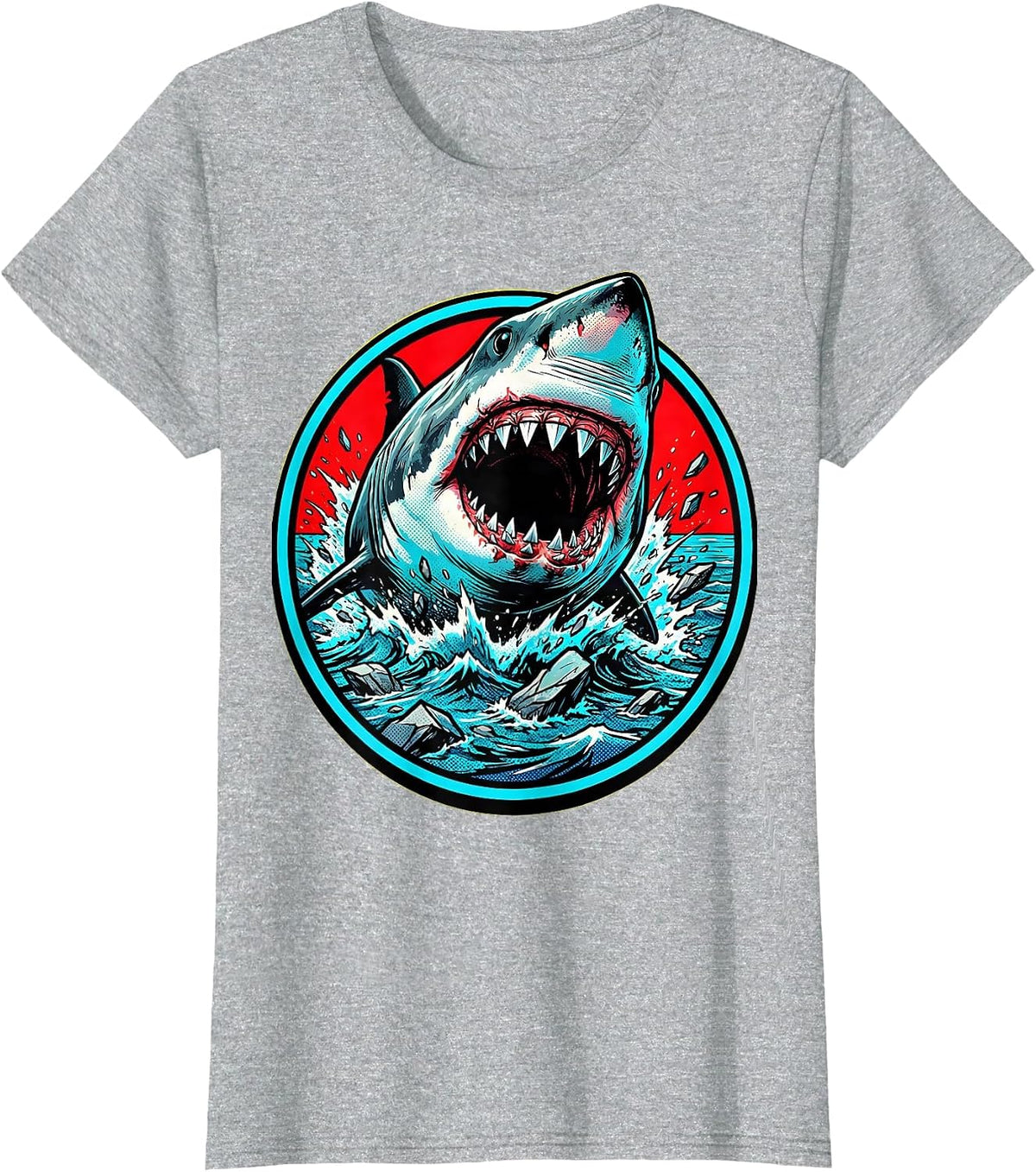 Women's Great White Shark Ocean Burst Graphic Tee T-Shirt - Heather Grey