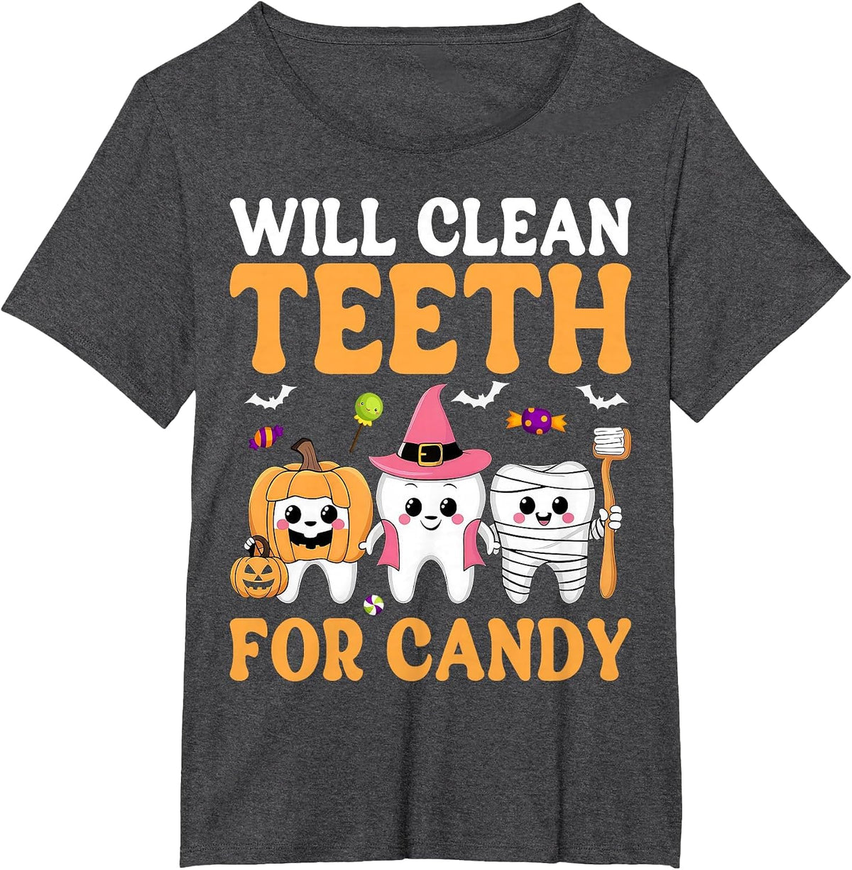 Will Clean Teeth for Candy Dental Assistant Spooky Halloween T-Shirt - Dark Heather Grey