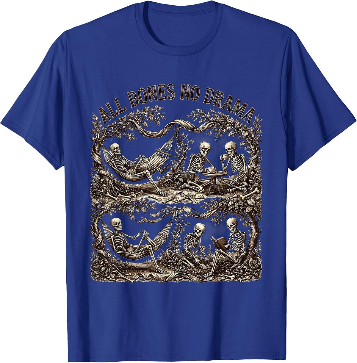 All Bones No Drama Funny Skeleton Design T-Shirt - Royal Blue