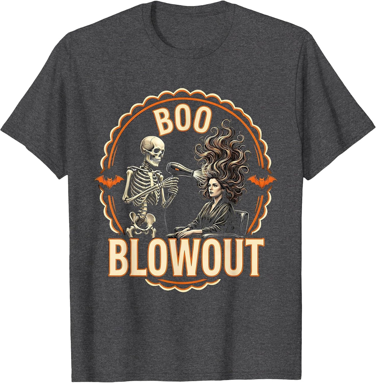 Men's Boo Blowout Skeleton Hairstylist Halloween Barber Humor T-Shirt - Dark Heather Grey
