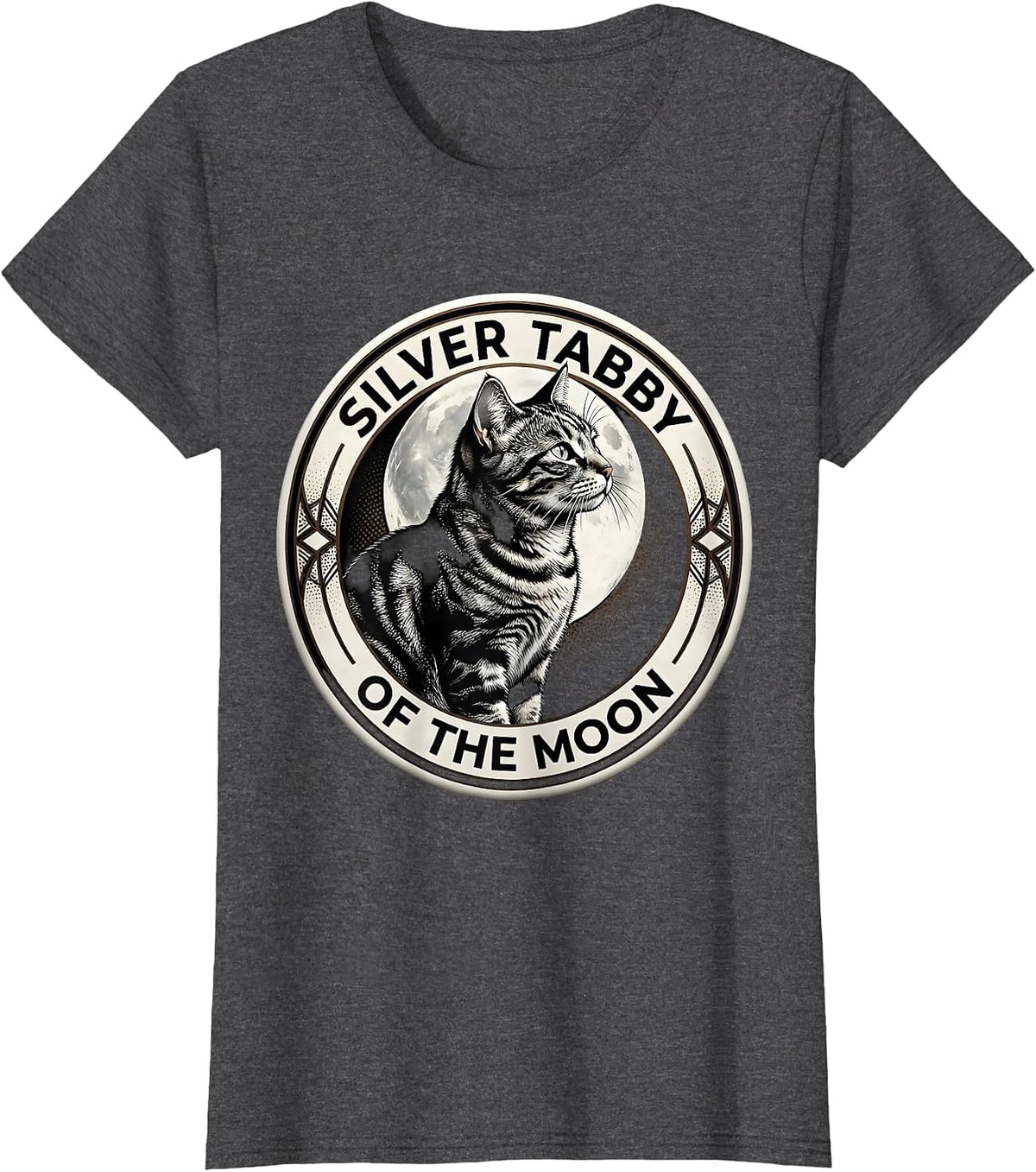 Women's Silver Tabby Of The Moon Blackwork Dotwork Cat Lover Humor T-Shirt - Dark Heather Grey