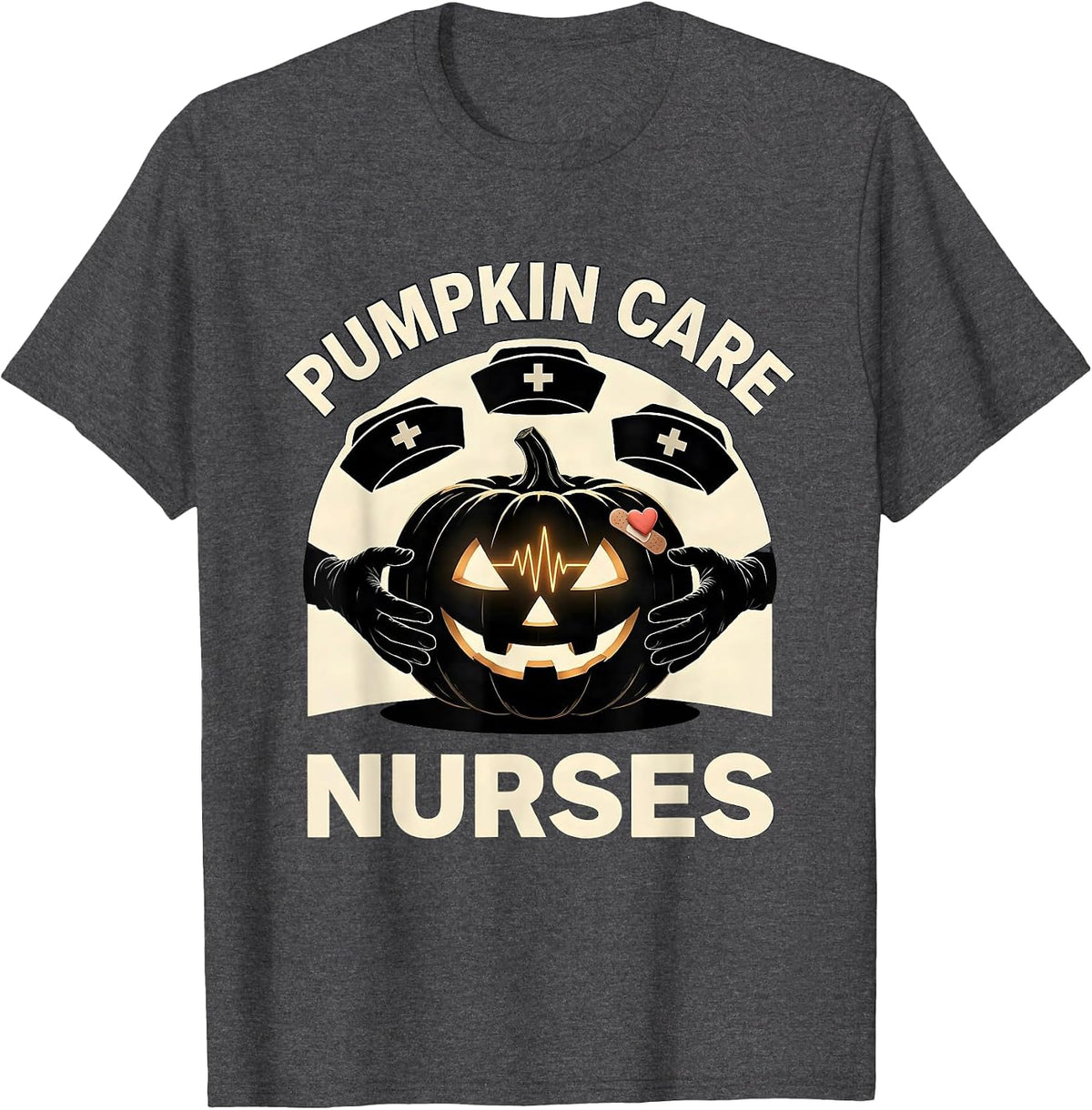Men's Pumpkin Care Nurses Halloween Nurse Team Shift Humor T-Shirt - Dark Heather Grey