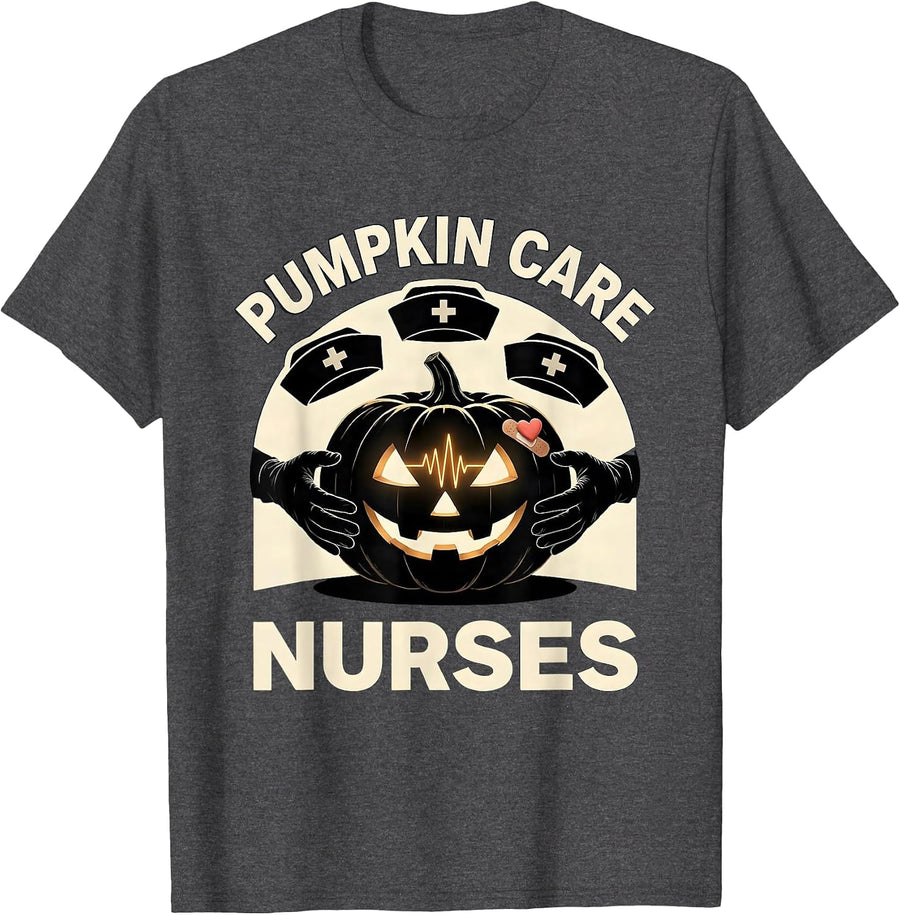 Men's Pumpkin Care Nurses Halloween Nurse Team Shift Humor T-Shirt - Dark Heather Grey