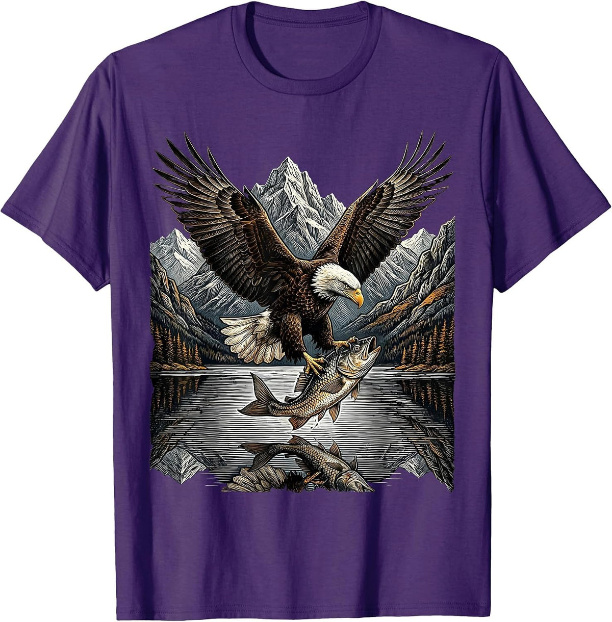 Eagle Clutching Fish Over Mountain Lake T-Shirt - Purple