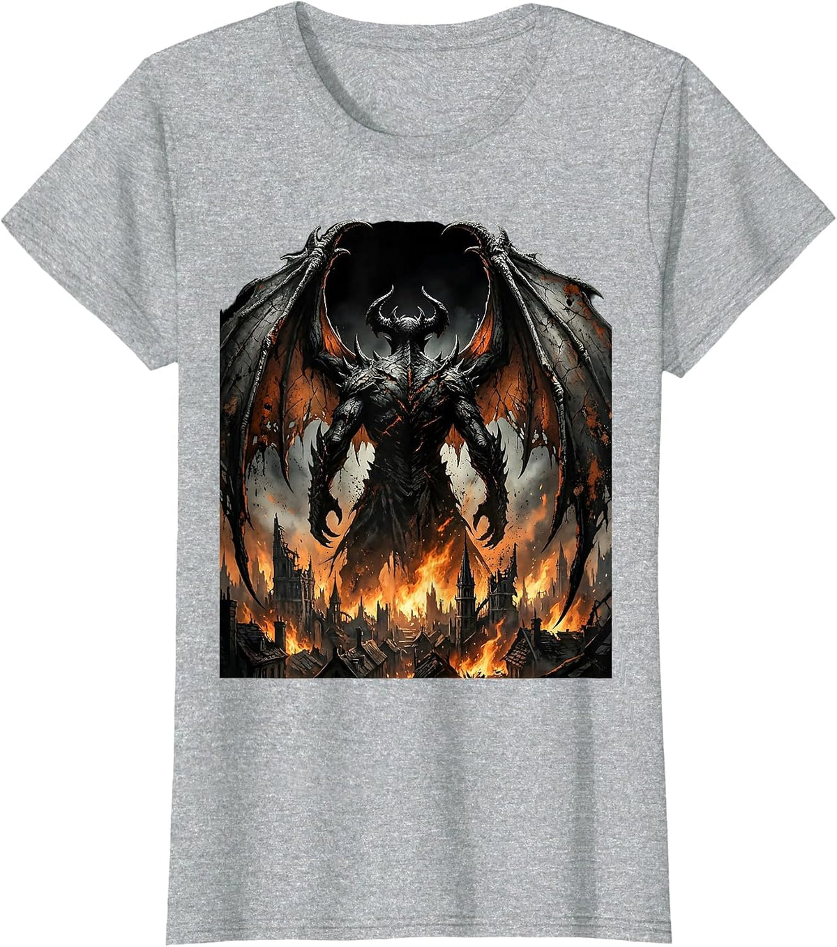 Demon Wings Burning City Halloween Graphic T-Shirt - Heather Grey