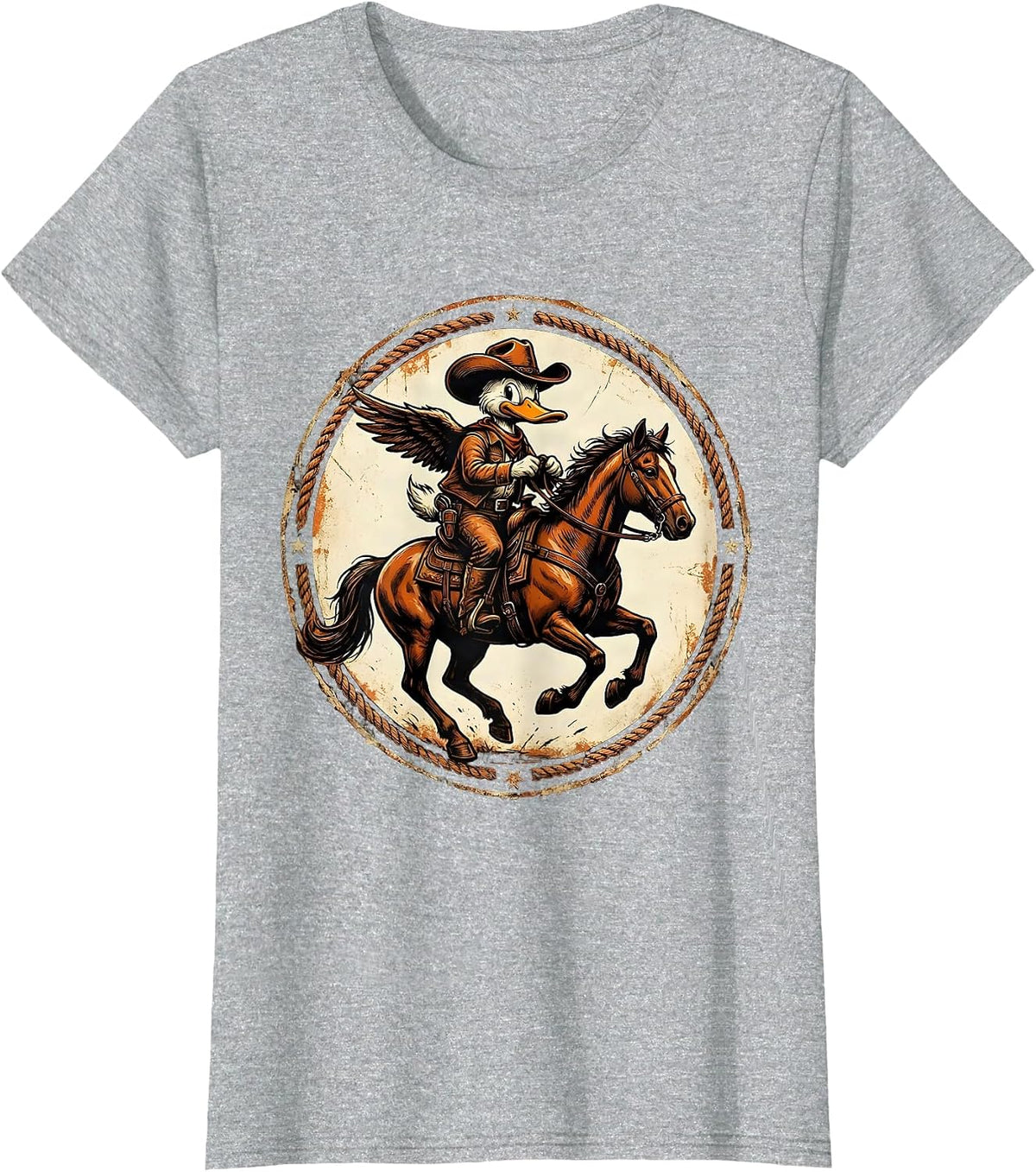 Duck in Cowboy Hat on Horseback Western Art T-Shirt - Heather Grey