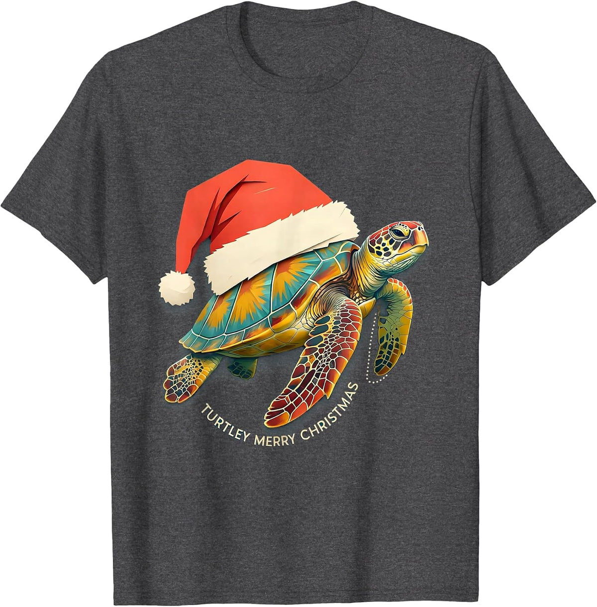 Men's Turtley Merry Christmas Cute Sea Turtle Santa Hat Holiday T-Shirt - Dark Heather Grey