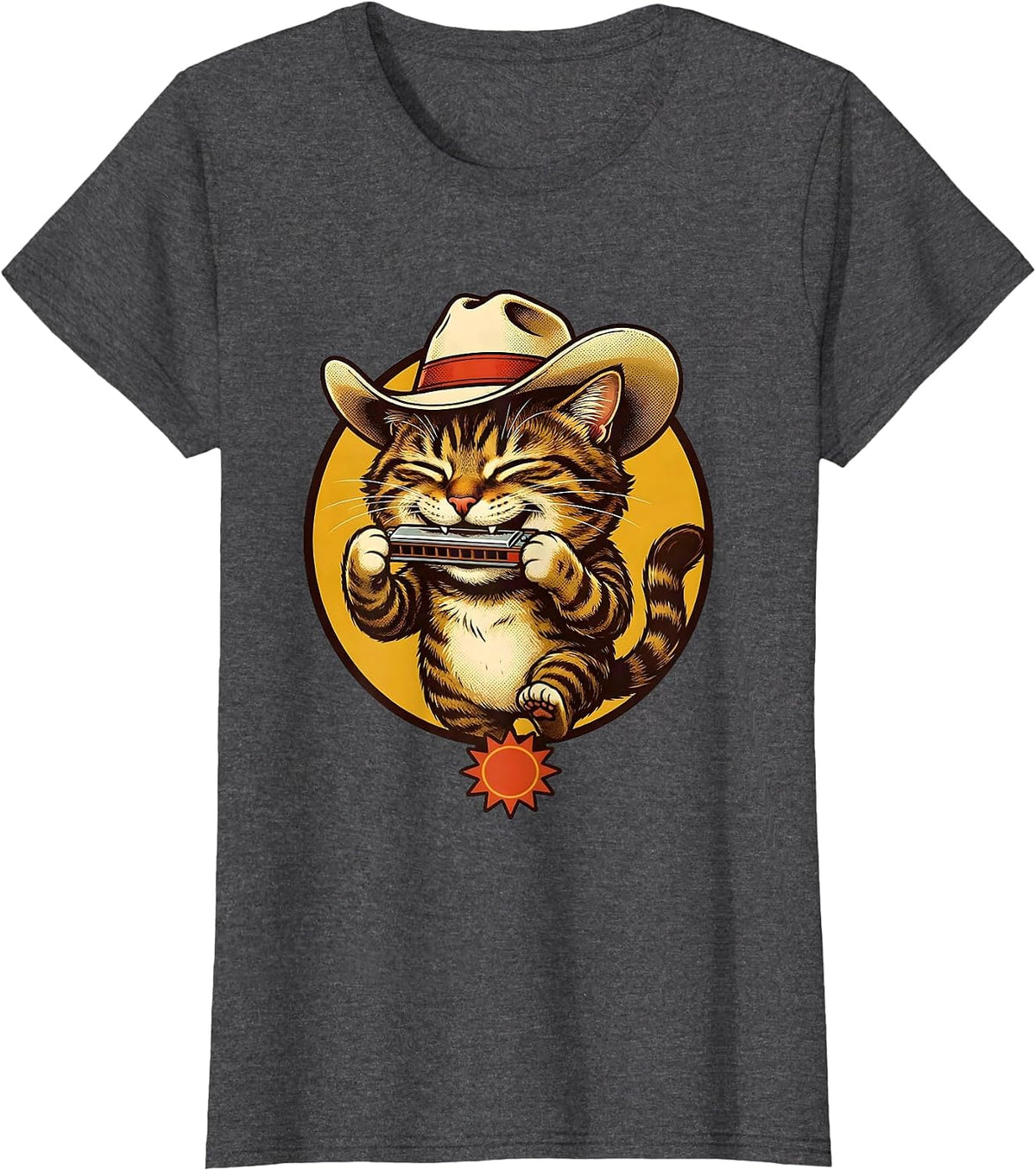 Women's Meowboys Tabby Cat Harmonica Cattleman Hat T-Shirt - Dark Heather Grey