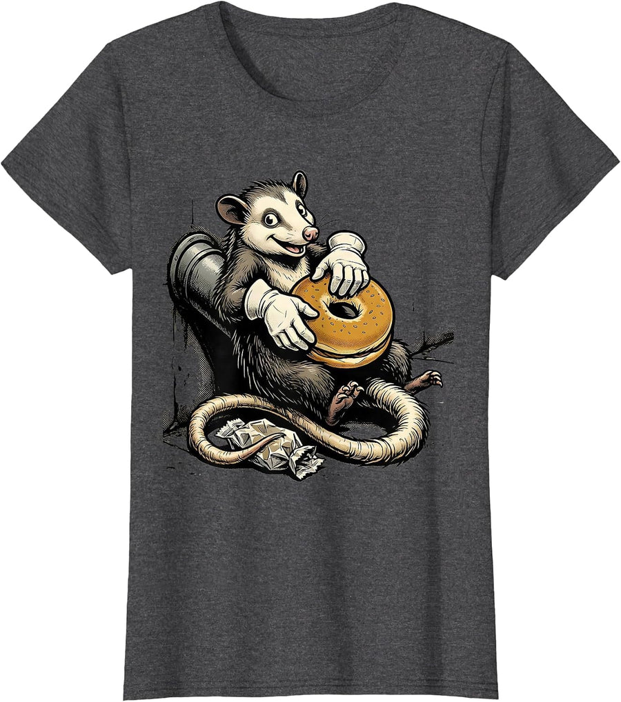 Women's Opossum Alley Retro Cartoon Urban Critter Meme Humor T-Shirt - Dark Heather Grey