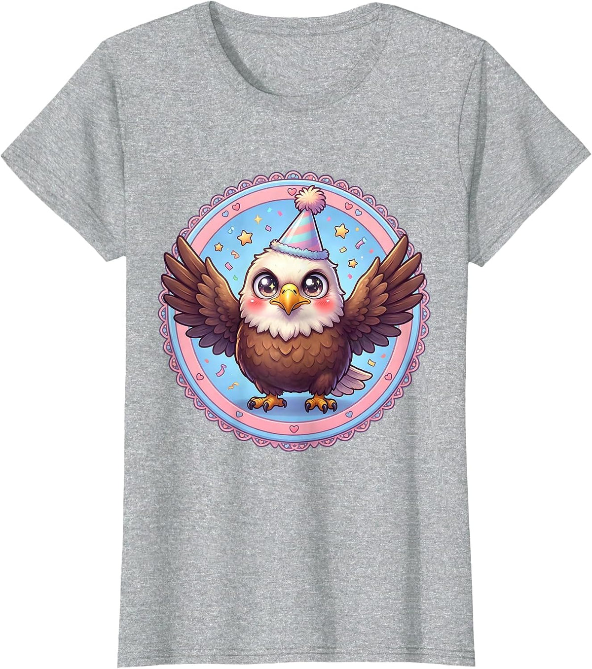 Birthday Eagle Party Hat Mid-Flight Illustration T-Shirt - Heather Grey
