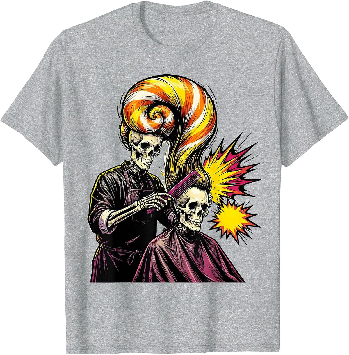 Men's Skeleton Stylist Combing Ghost Pop Art Halloween Hairdresser T-Shirt - Heather Grey