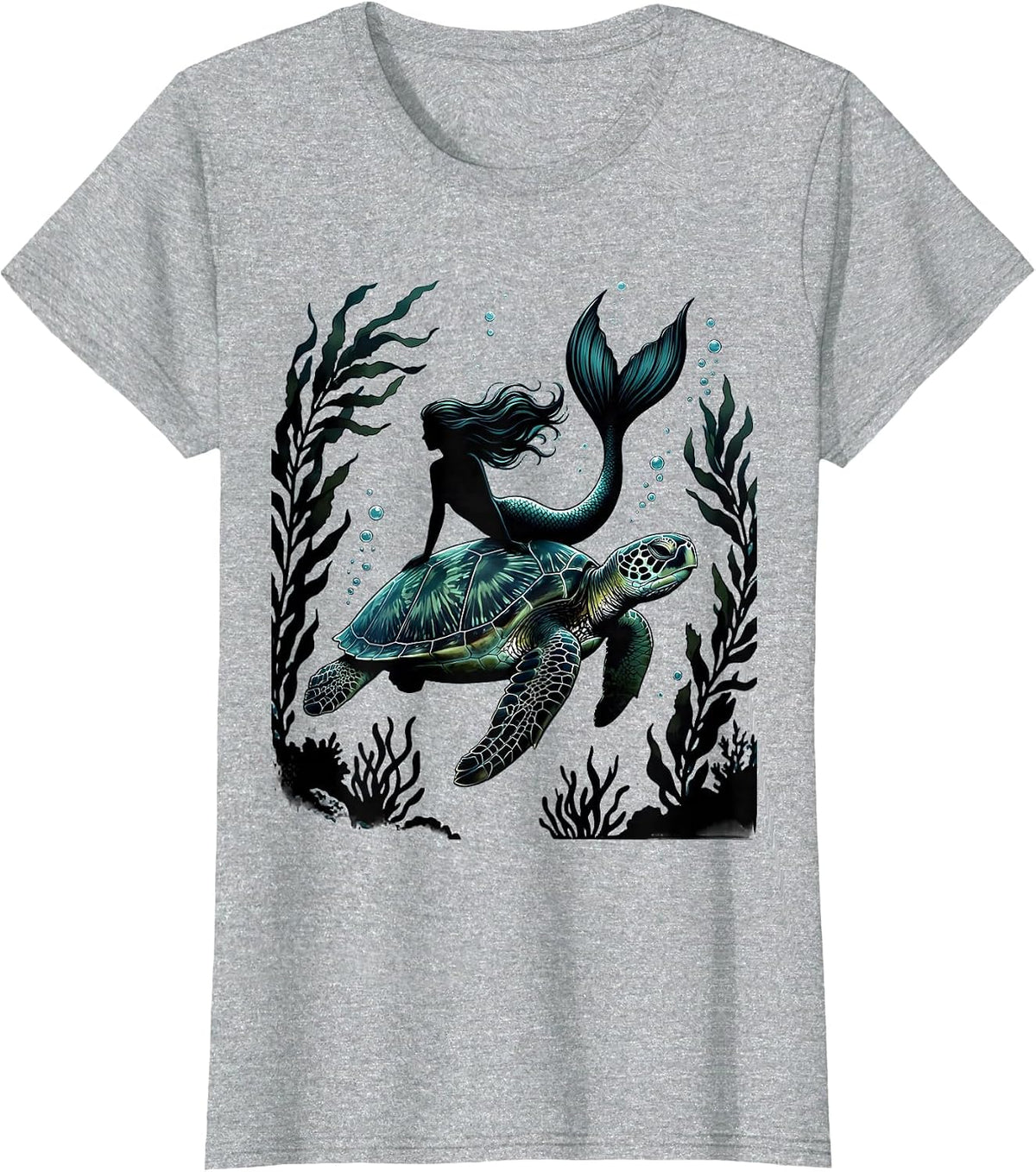 Mermaid Riding Giant Sea Turtle Underwater Art T-Shirt - Heather Grey