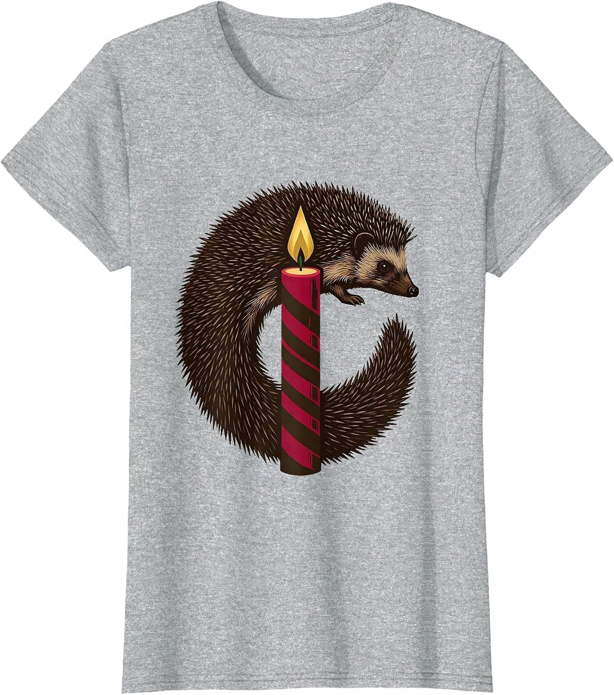 Women's Curled Hedgehog Quills Christmas Candle Cute Novelty Gift T-Shirt - Heather Grey
