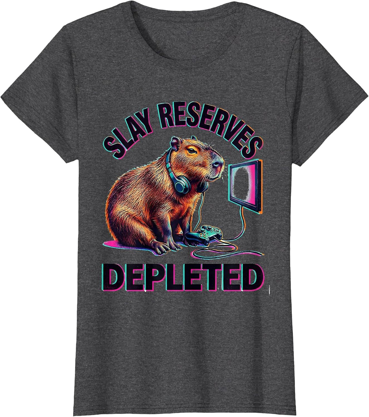 Women's Slay Reserves Depleted Funny Capybara Gamer Bruh Meme Humor T-Shirt - Dark Heather Grey
