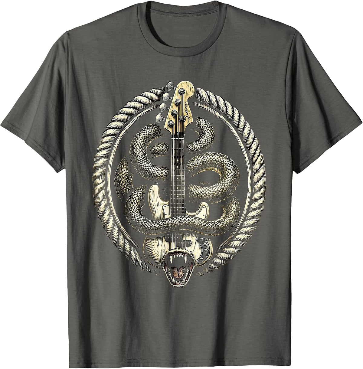 Bass Guitar Serpent Morph Rock Band Graphic T-Shirt - Asphalt Grey