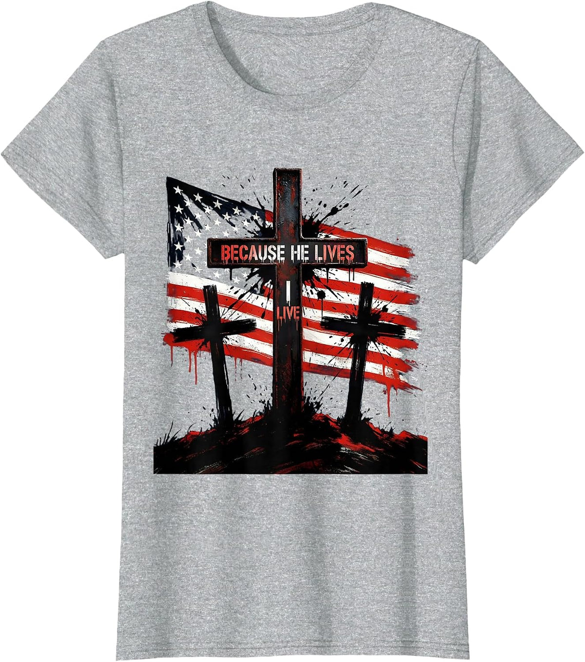 Because He Lives Three Crosses Sunset Design T-Shirt - Heather Grey