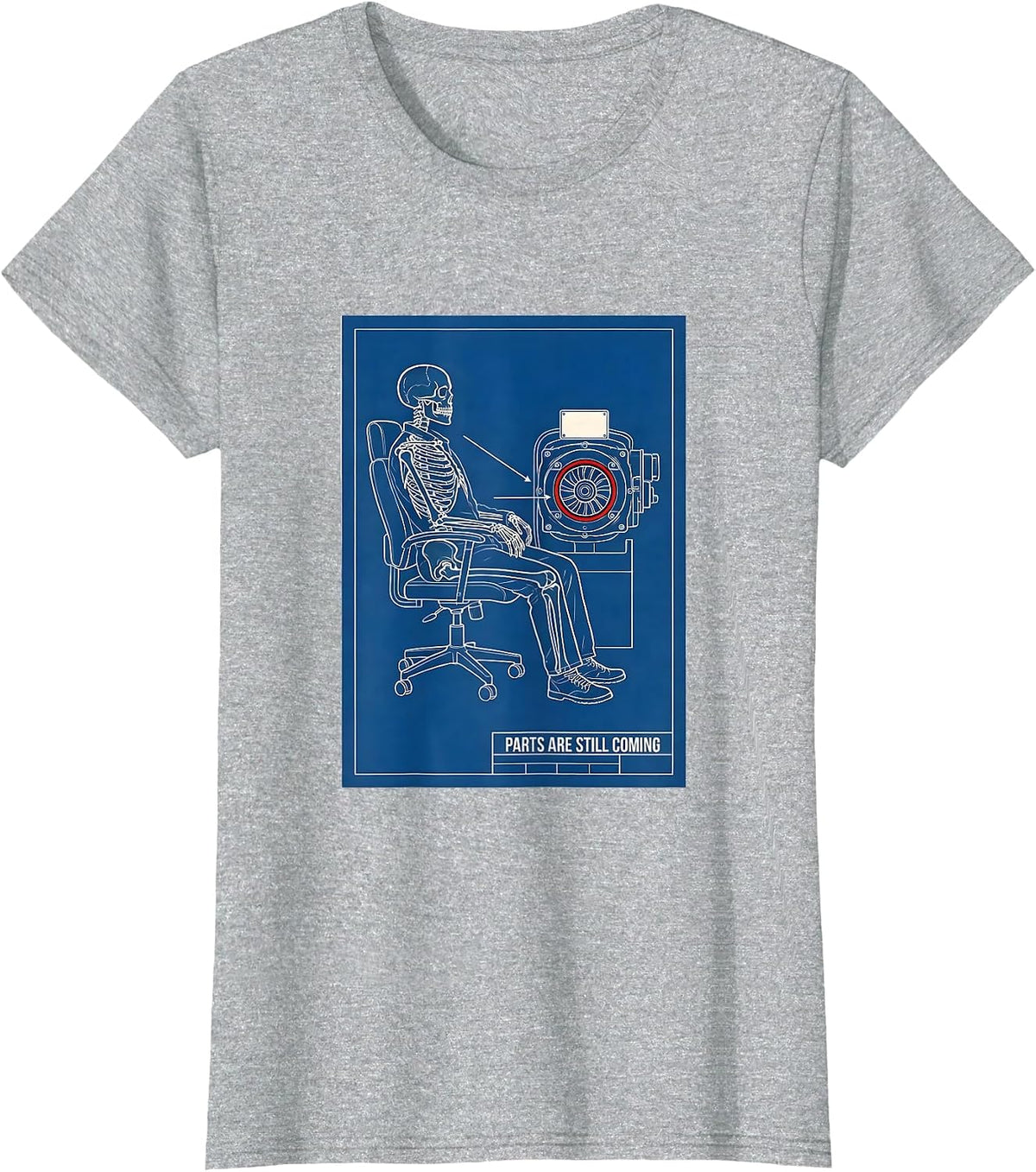 Women's PARTS ARE STILL COMING Technical Blueprint Mechanic Skeleton T-Shirt - Heather Grey