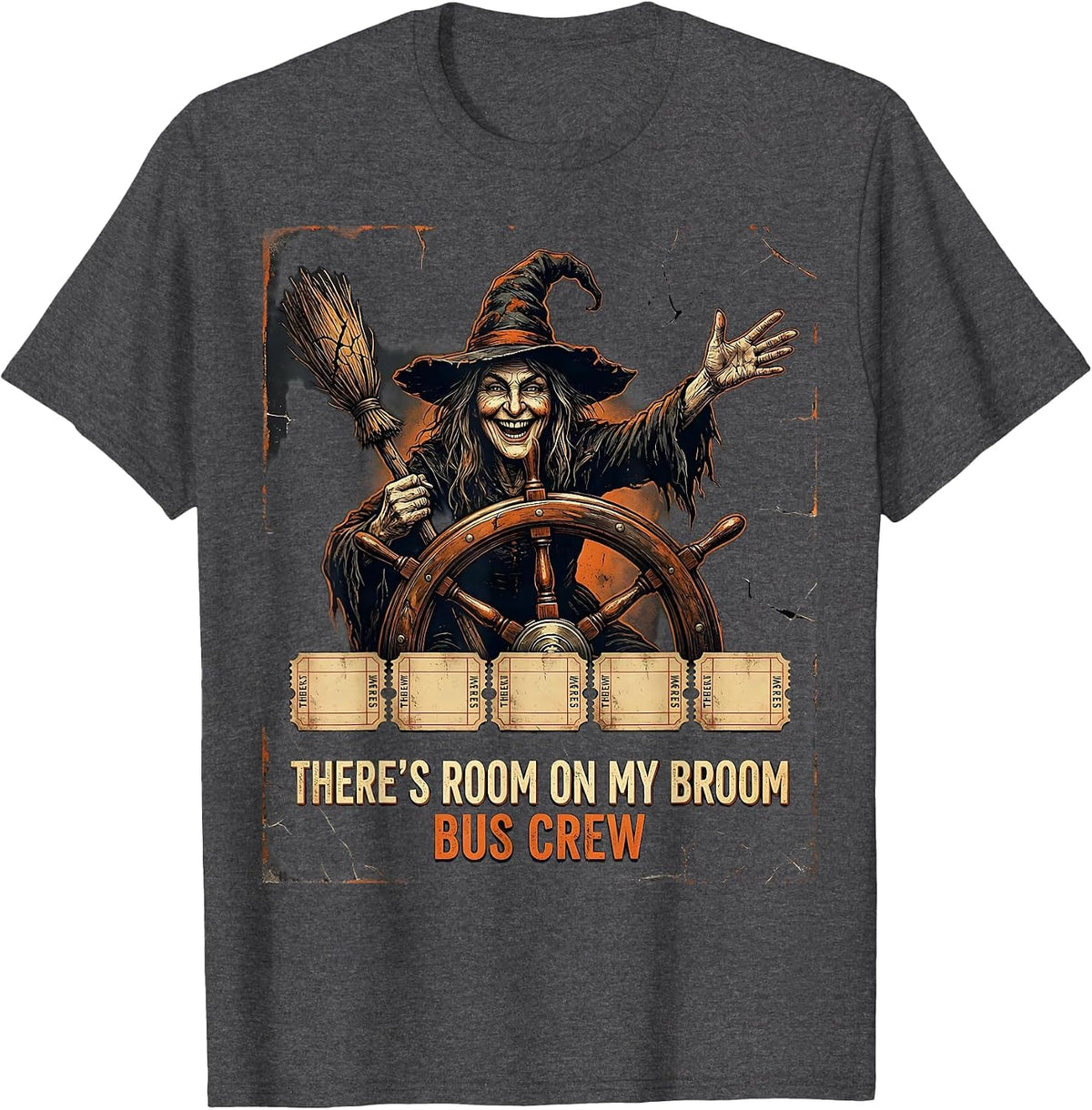 Men's There's Room On My Broom Bus Crew Distressed Halloween T-Shirt - Dark Heather Grey