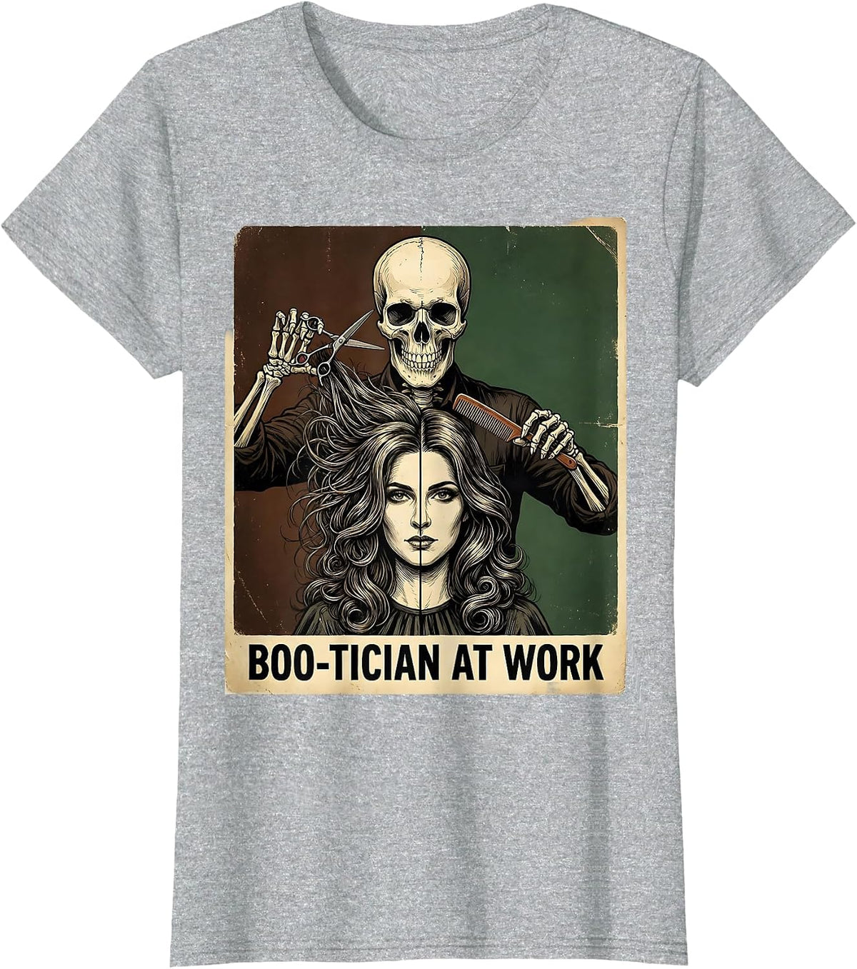 Boo-tician At Work Vintage Skeleton Hairdresser Halloween T-Shirt - Heather Grey