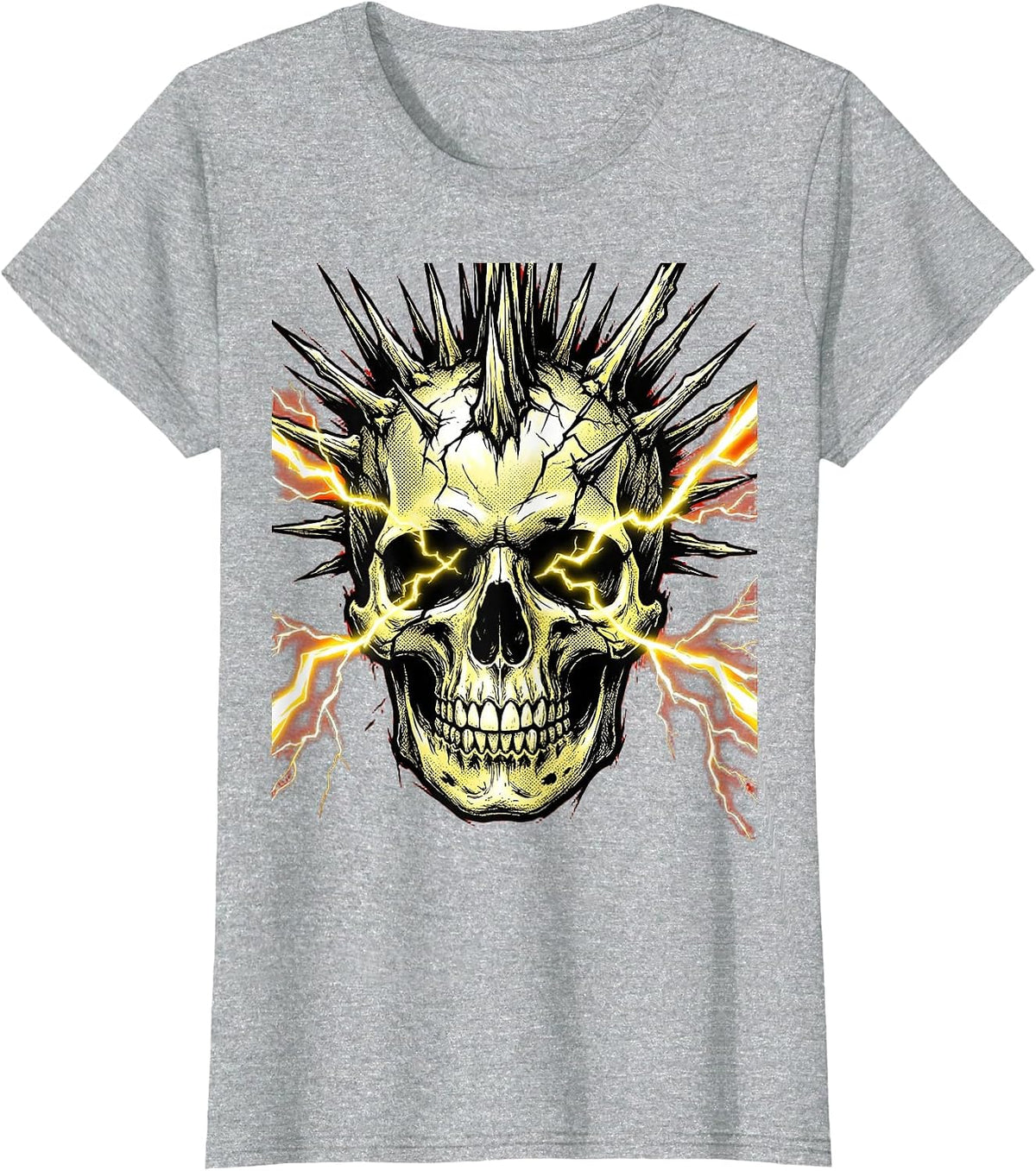 Mohawk Skull Lightning Bolt Eyes Punk Rock Art T-Shirt - Heather Grey