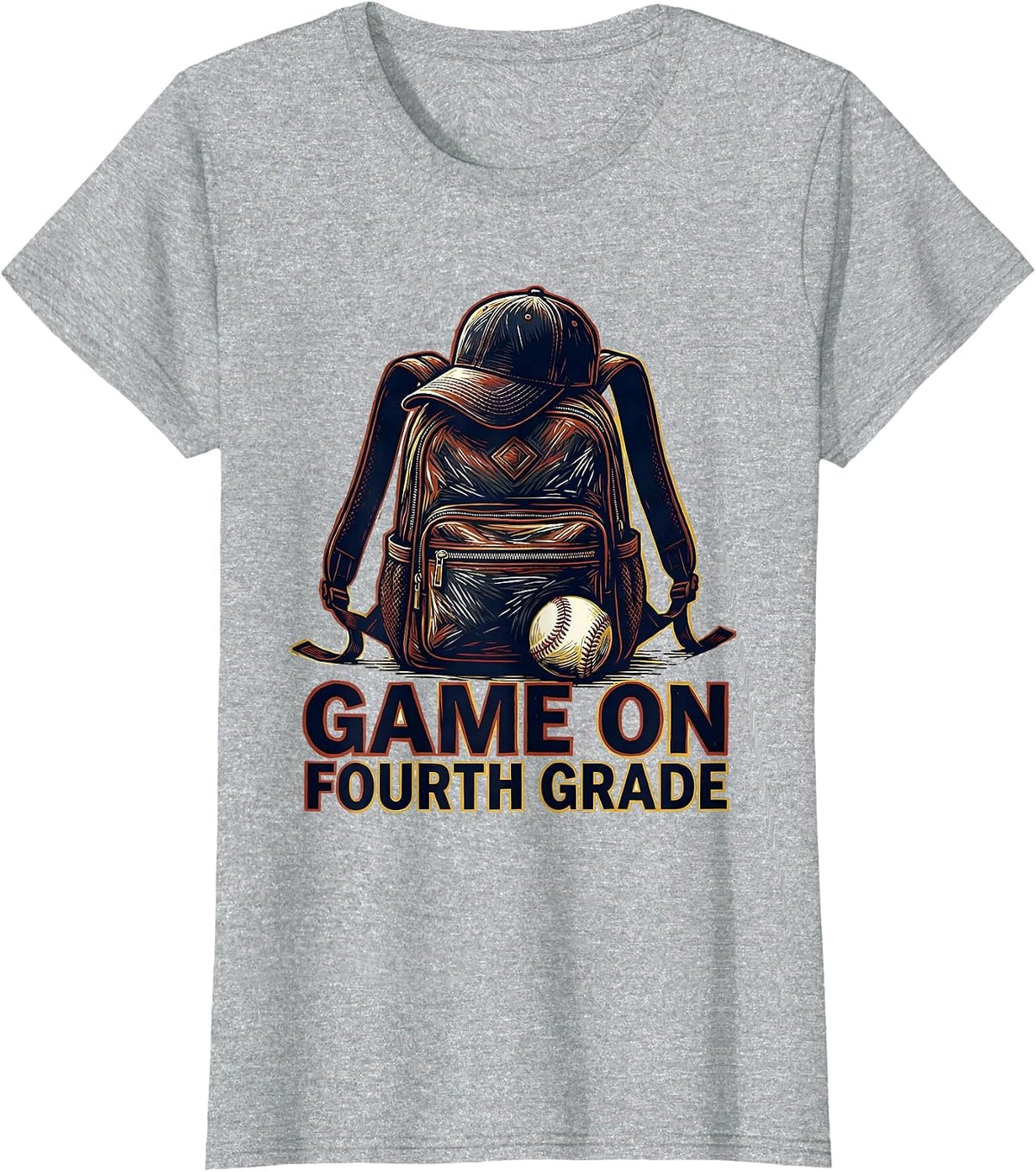 Women's Game On Fourth Grade Linocut Baseball Back To School Boy T-Shirt - Heather Grey