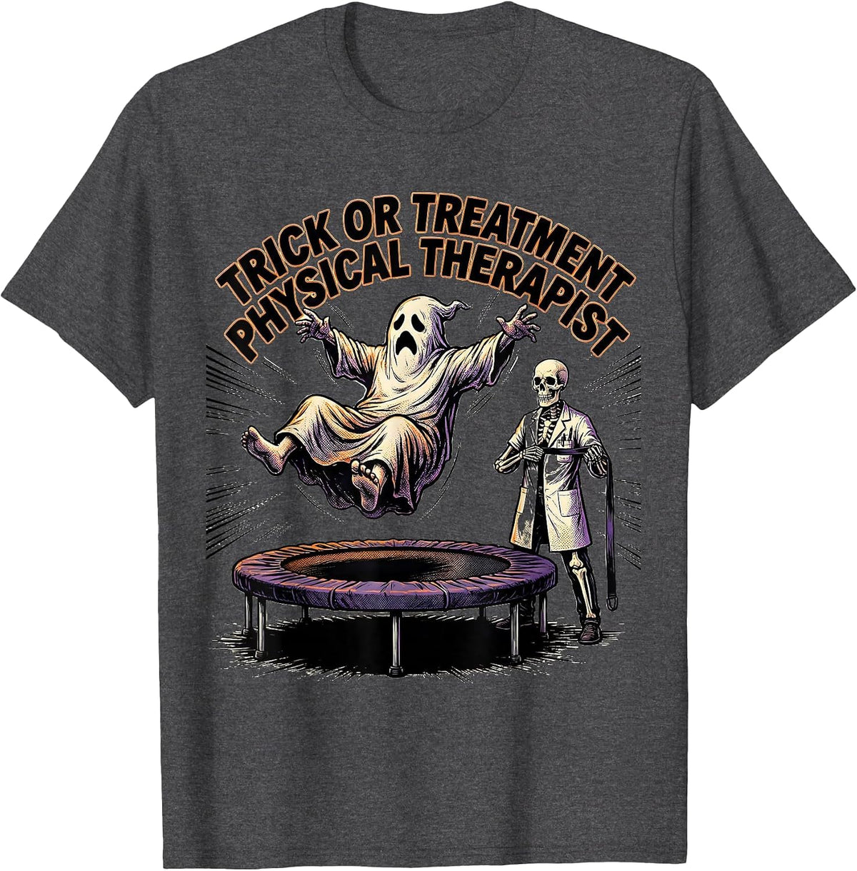 Trick Or Treatment Physical Therapist Comic Book Halloween T-Shirt - Dark Heather Grey