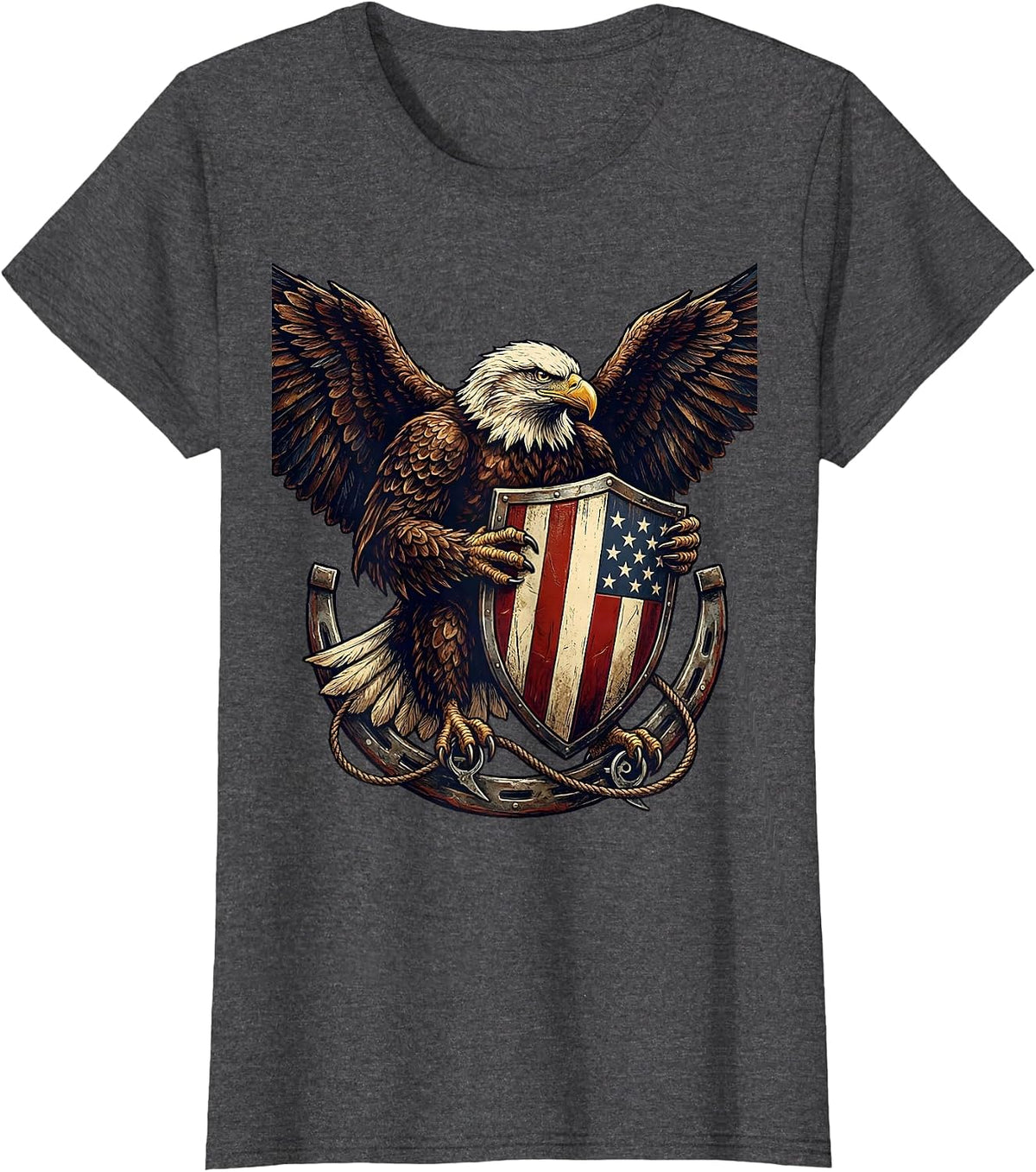 Women's Bold Eagle Clutching Striped Shield Patriotic Design T-Shirt - Dark Heather Grey