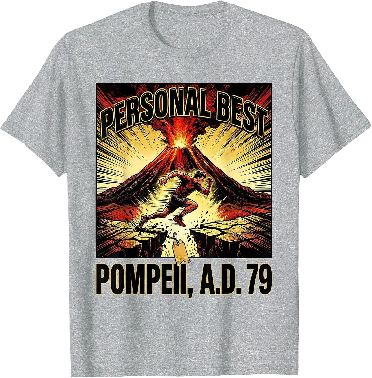 Men's Personal Best Pompeii A.D. 79 Comic Book Volcano History T-Shirt - Heather Grey