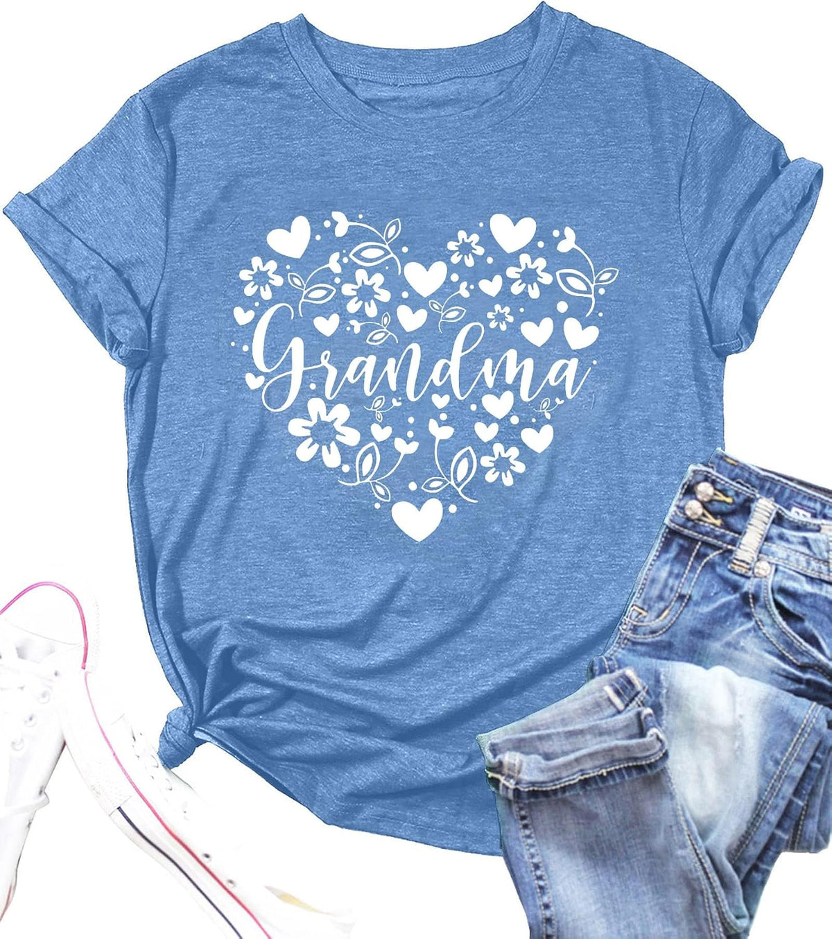Grandma Tshirts Women Grandmother Life Tee Heart Floral Print Shirts Mama Casual Mother Short Sleeve Top - Light Blue