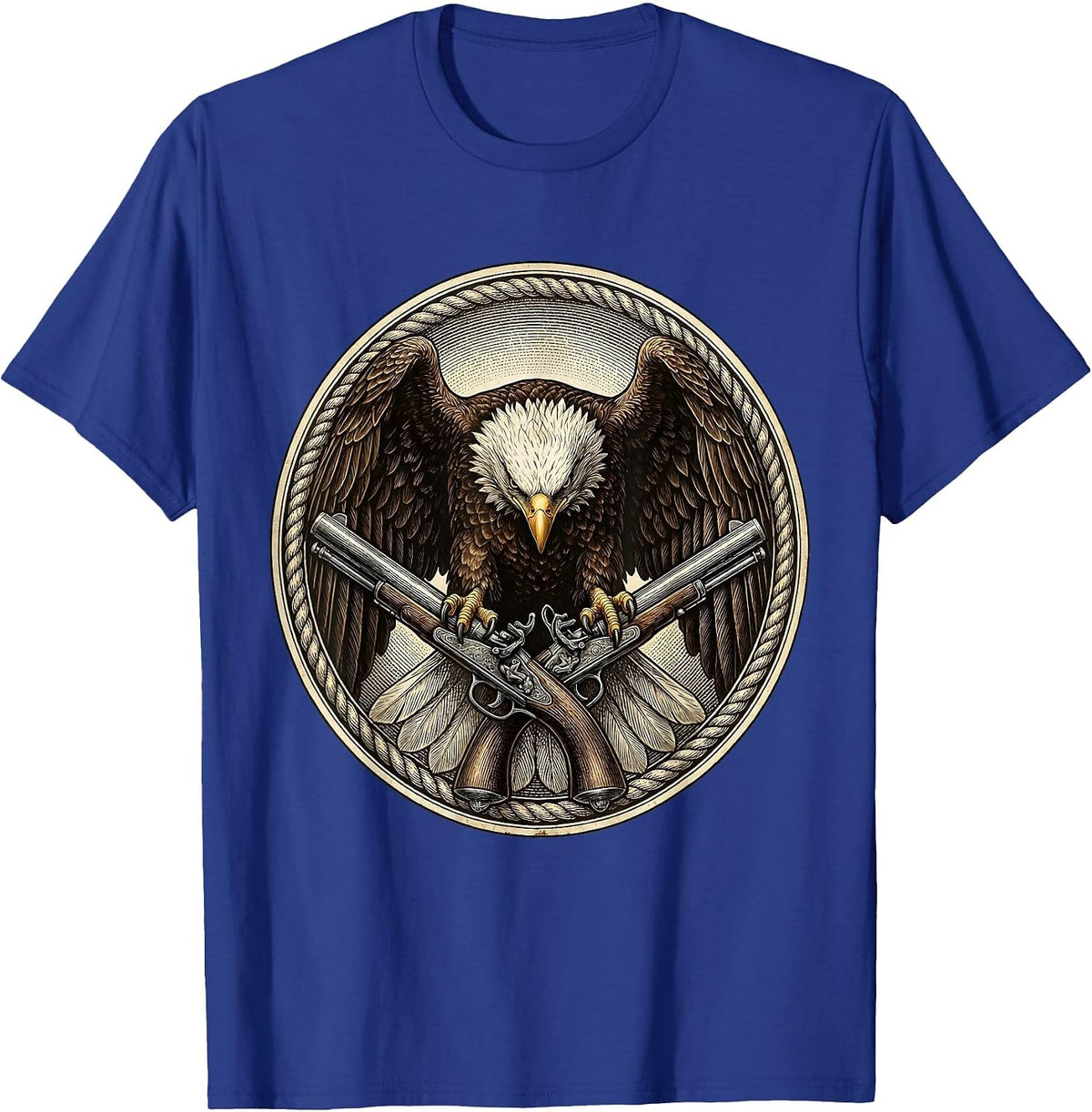 Men's Eagle Clutching Crossed Pistols Patriotic Design T-Shirt - Royal Blue