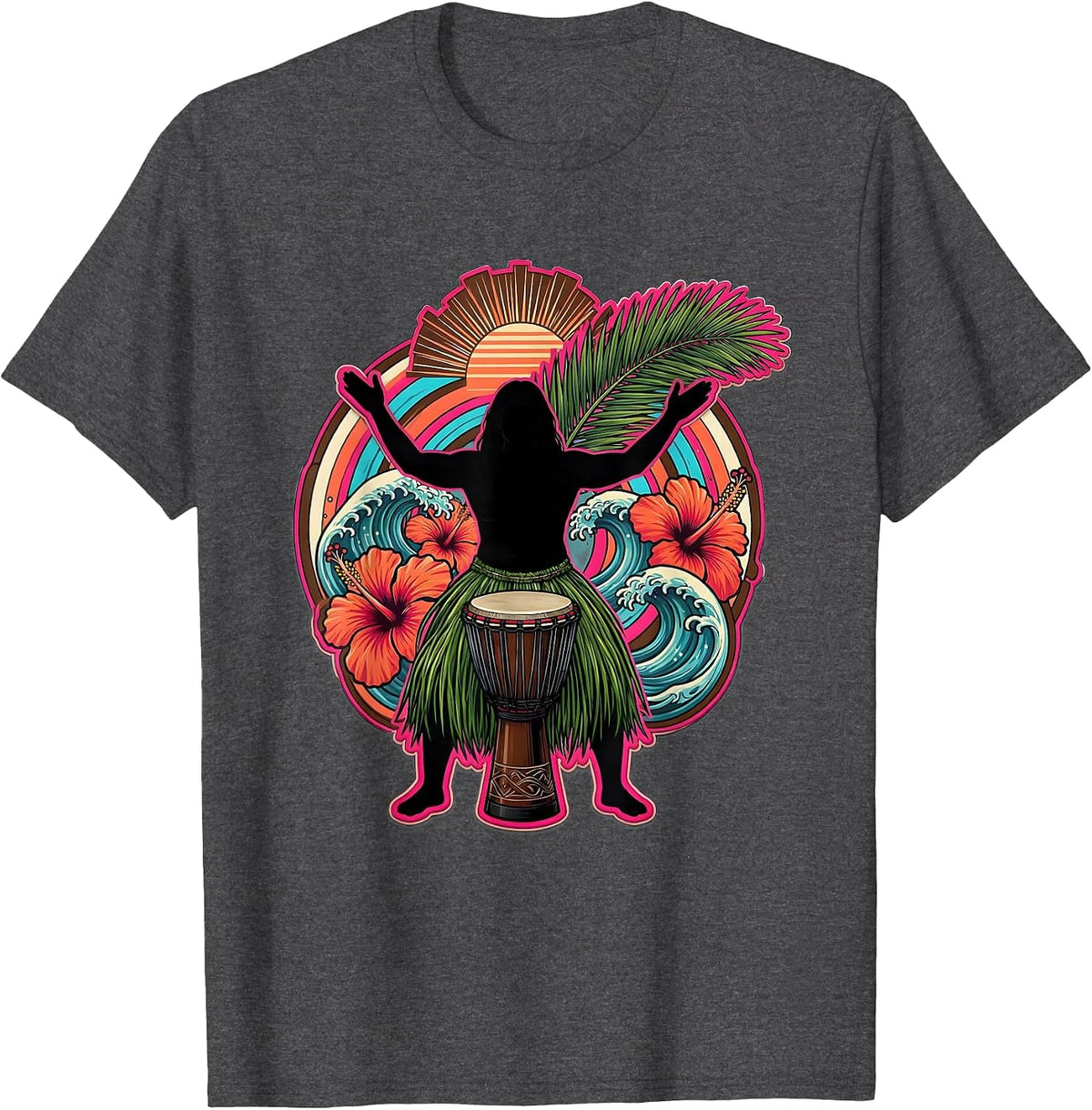 Hawaiian Steel Drum Player Grass Skirt Illustration T-Shirt - Dark Heather Grey