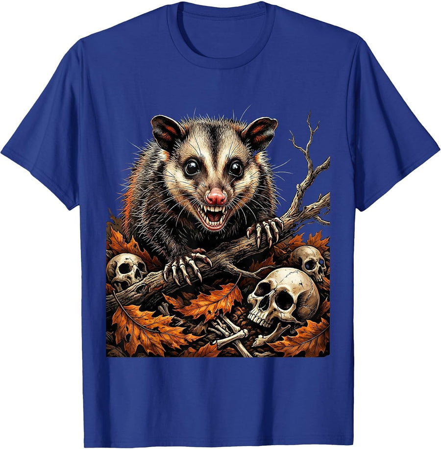 Opossum in Autumn Leaves Fall Nature Design T-Shirt - Royal Blue