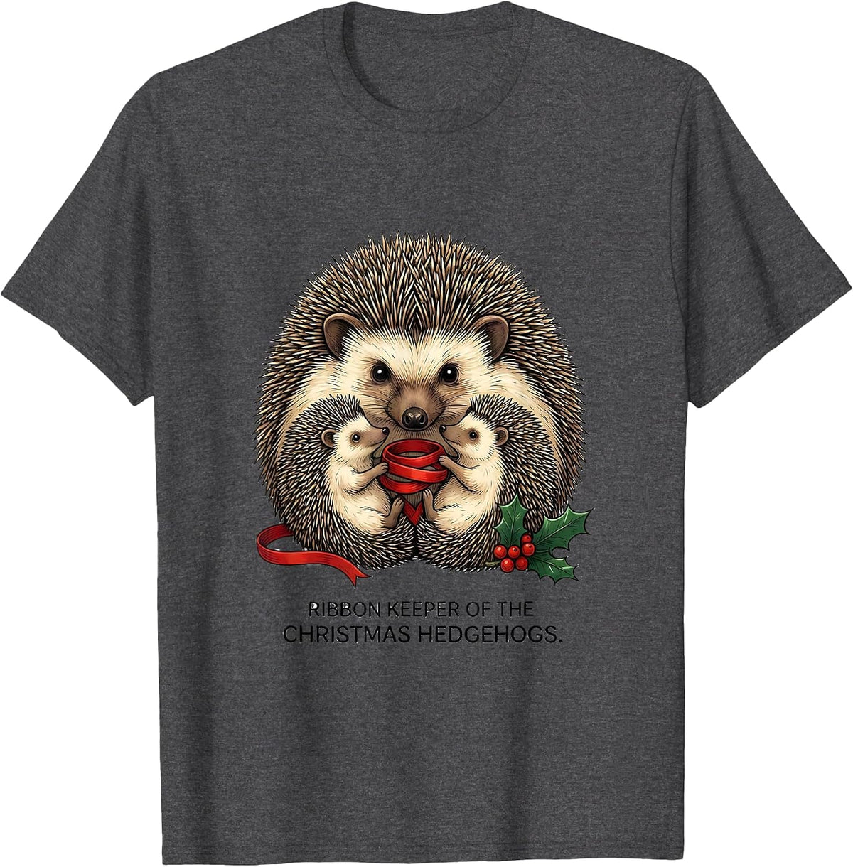 Men's Ribbon Keeper Of The Christmas Hedgehogs Cute T-Shirt - Dark Heather Grey