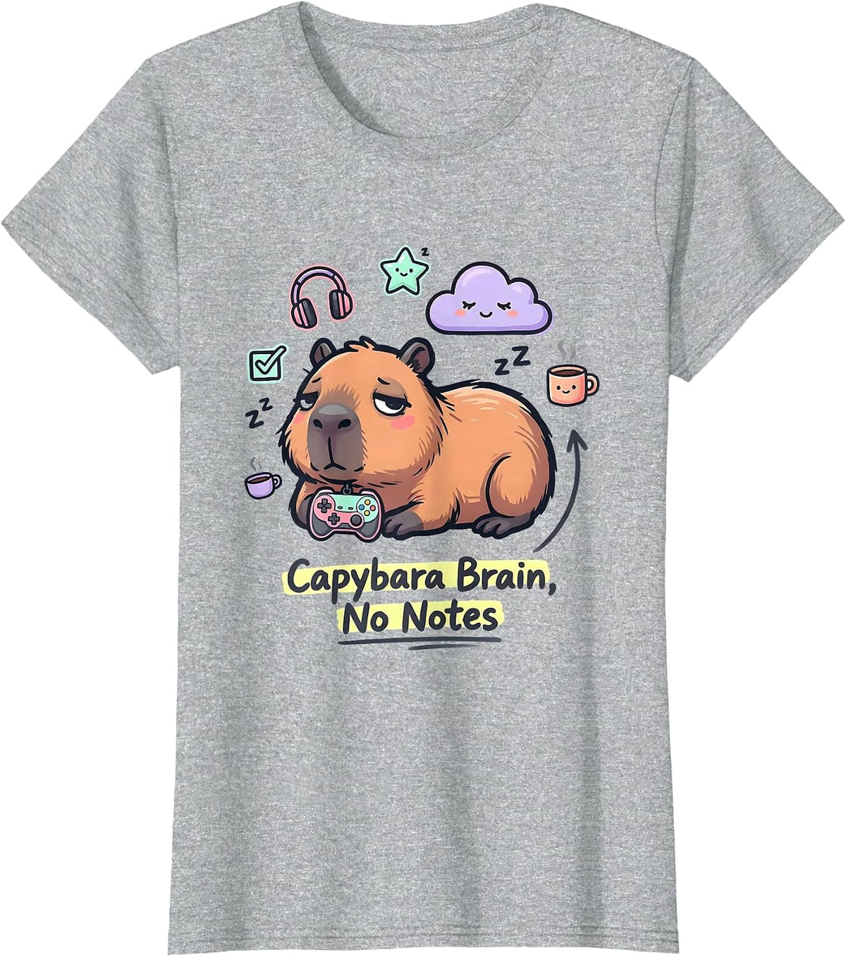 Capybara Brain No Notes Funny Gamer Kawaii Doodle Meme T-Shirt - Heather Grey