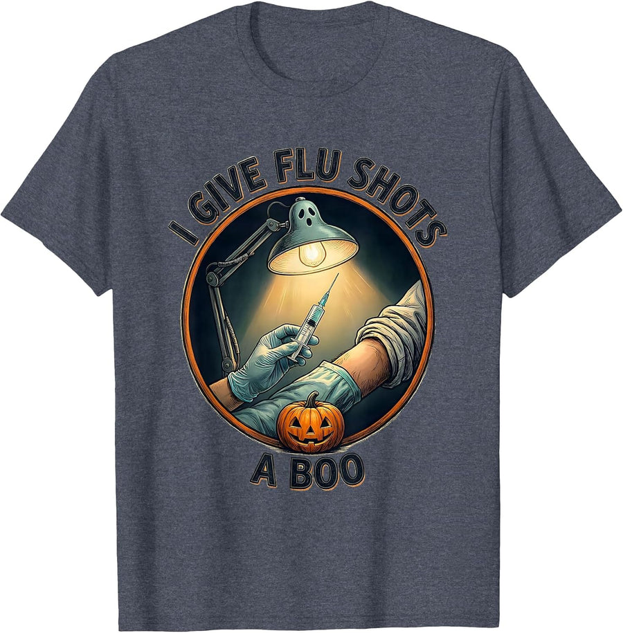 I Give Flu Shots A Boo Funny Halloween Nurse Ghost Flu Shot T-Shirt - Heather Blue