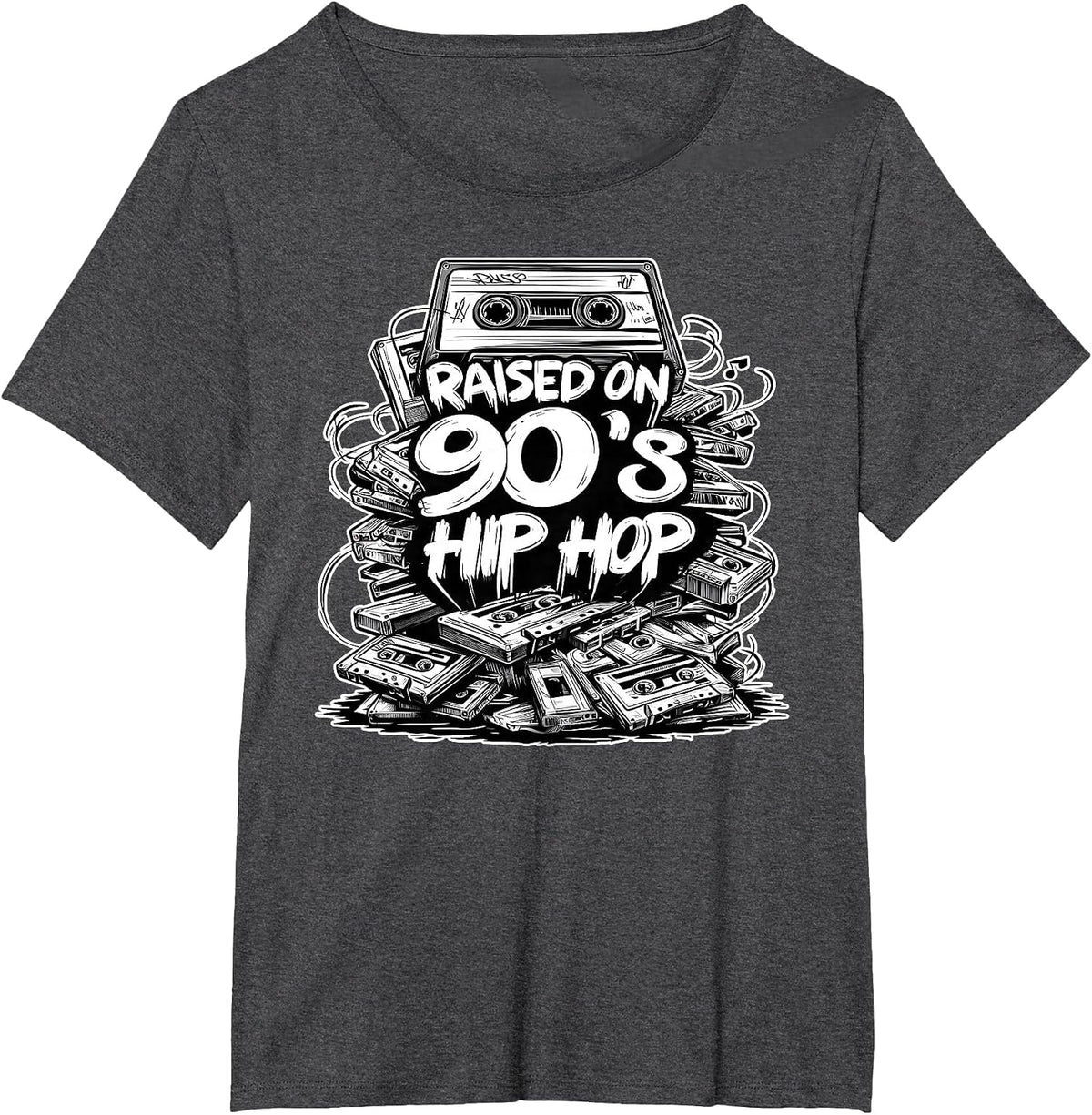 Raised ON 90s Hip HOP Cassette Tape Graffiti Rap T-Shirt - Dark Heather Grey