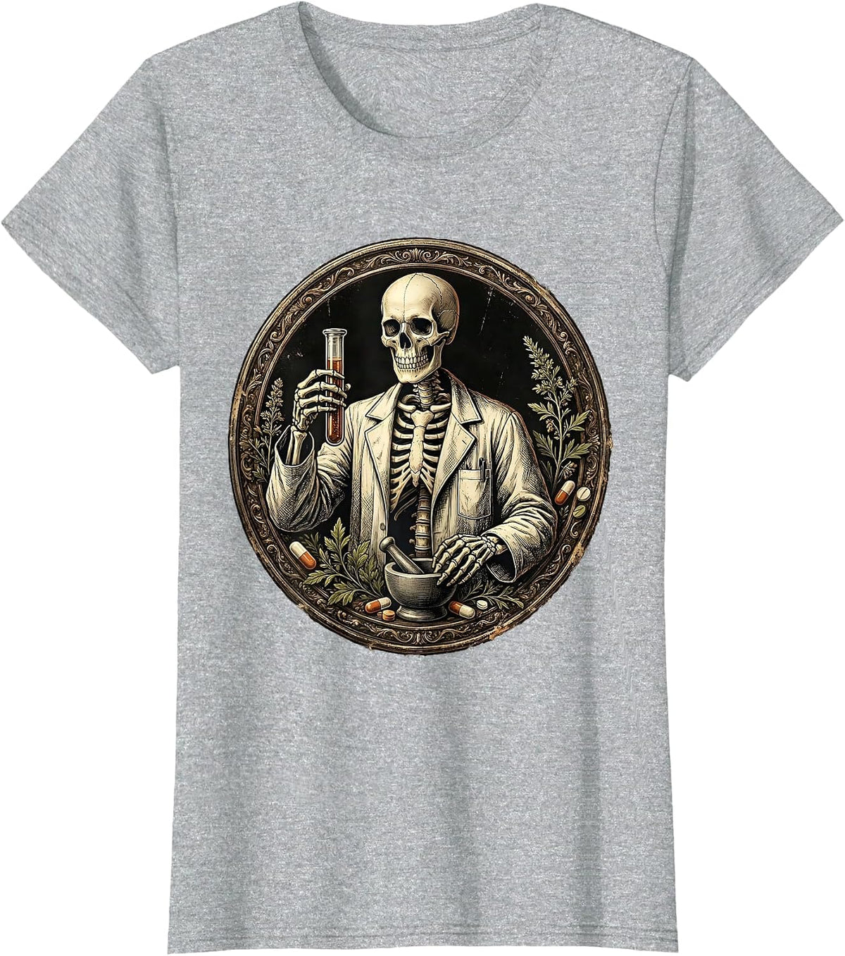 Skeleton Pharmacy Technician Lab Coat Medicine Vial T-Shirt - Heather Grey