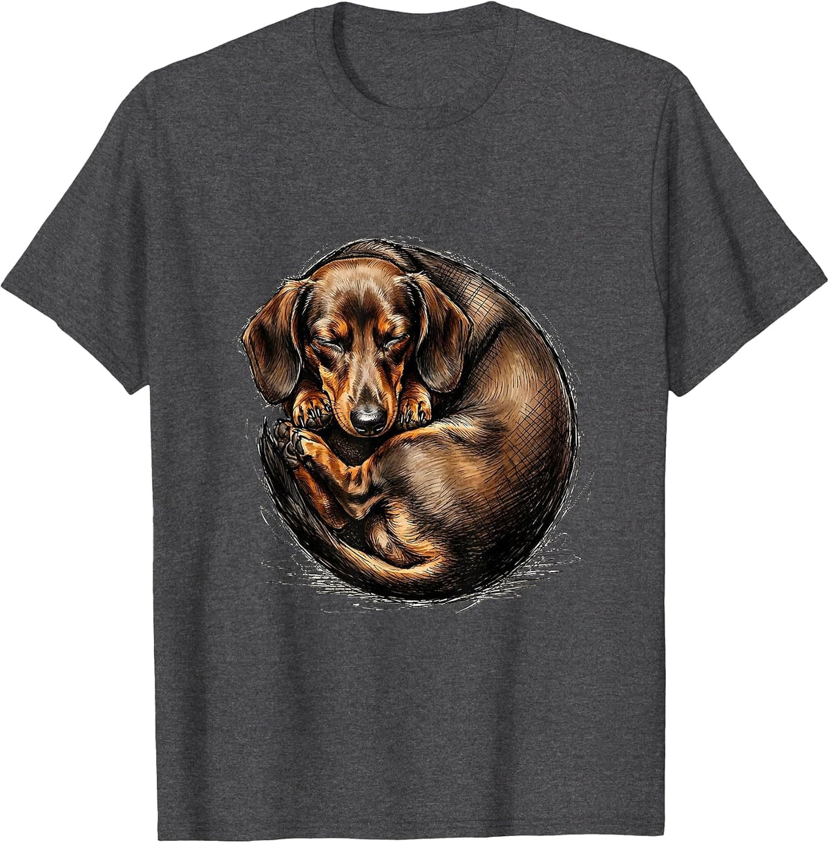 Sleeping Dachshund Donut Curl Cute Dog Lover Graphic T-Shirt - Dark Heather Grey