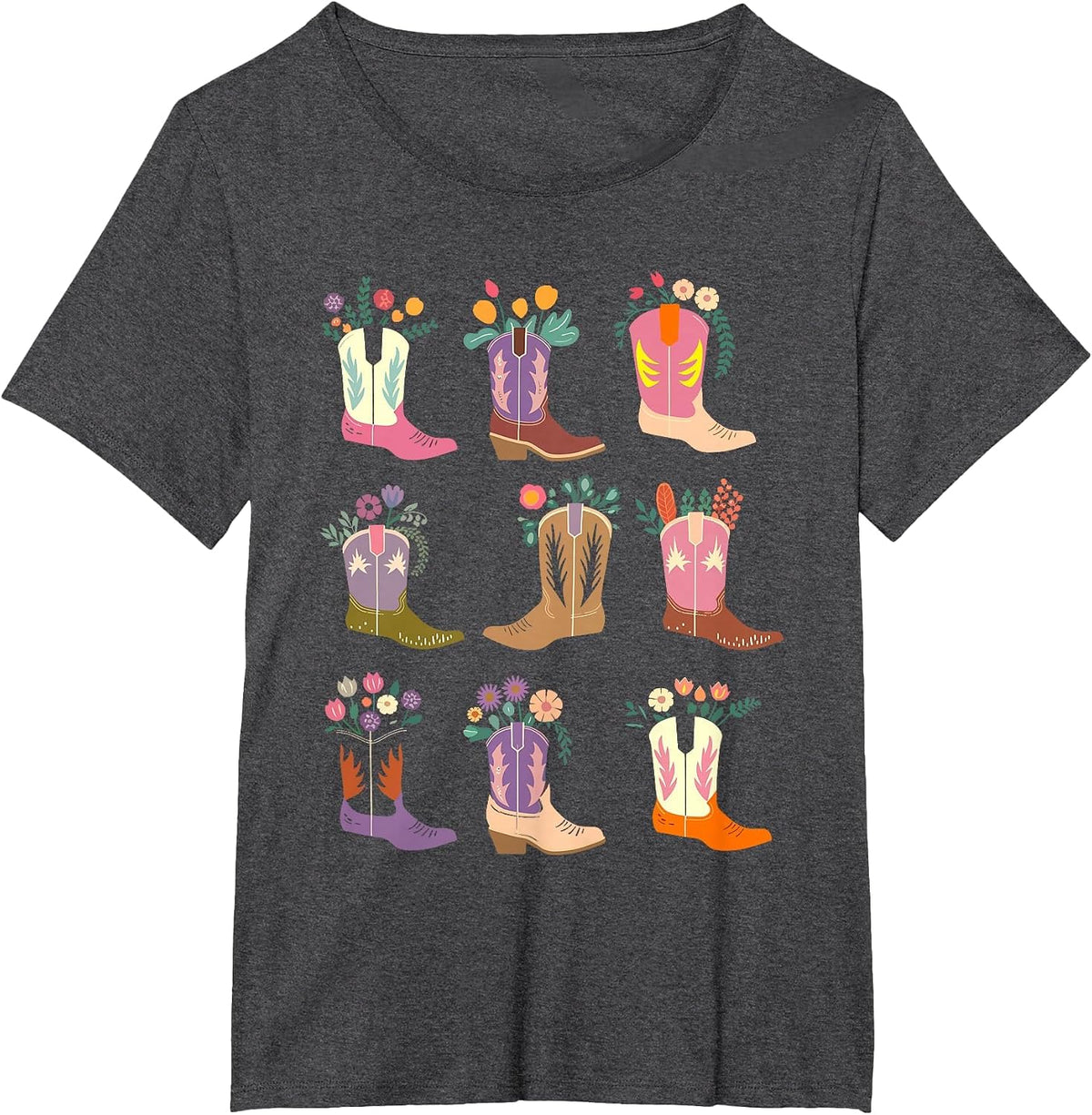 Floral Cowgirl Boots Western Rodeo Country Equestrian T-Shirt - Dark Heather Grey