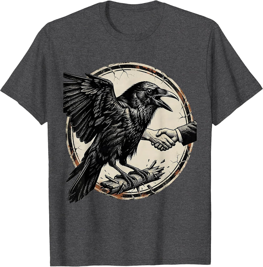 Men's Sealed Crow Badge Distressed Gothic Bird Lover T-Shirt - Dark Heather Grey