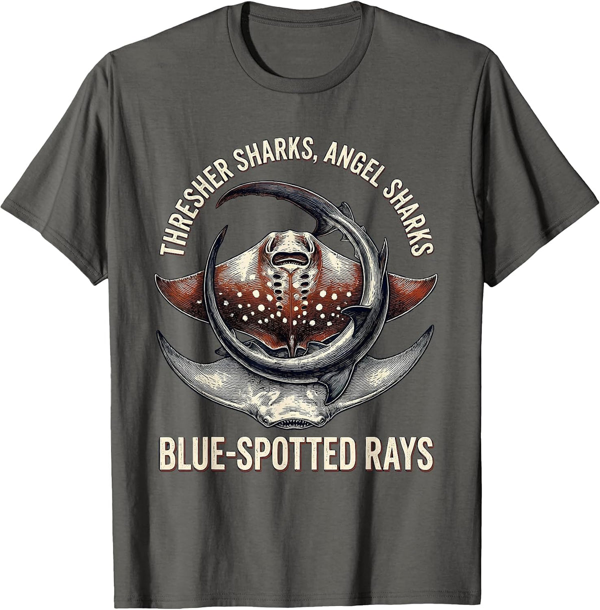 Thresher Sharks, Angel Sharks, Blue-Spotted Rays Marine T-Shirt - Asphalt Grey