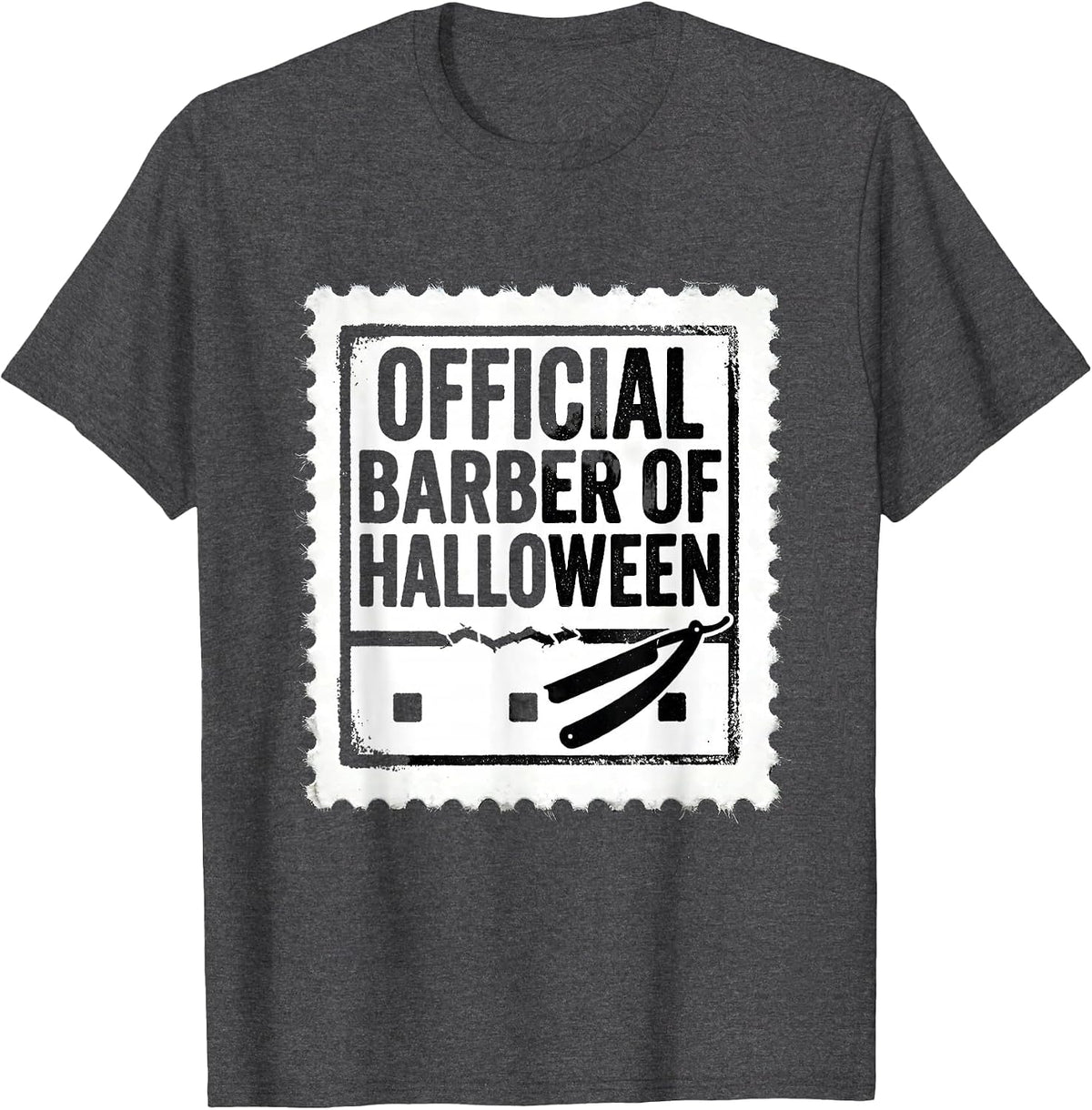 Men's Official Barber Of Halloween Rubber Stamp Skeleton Barber T-Shirt - Dark Heather Grey