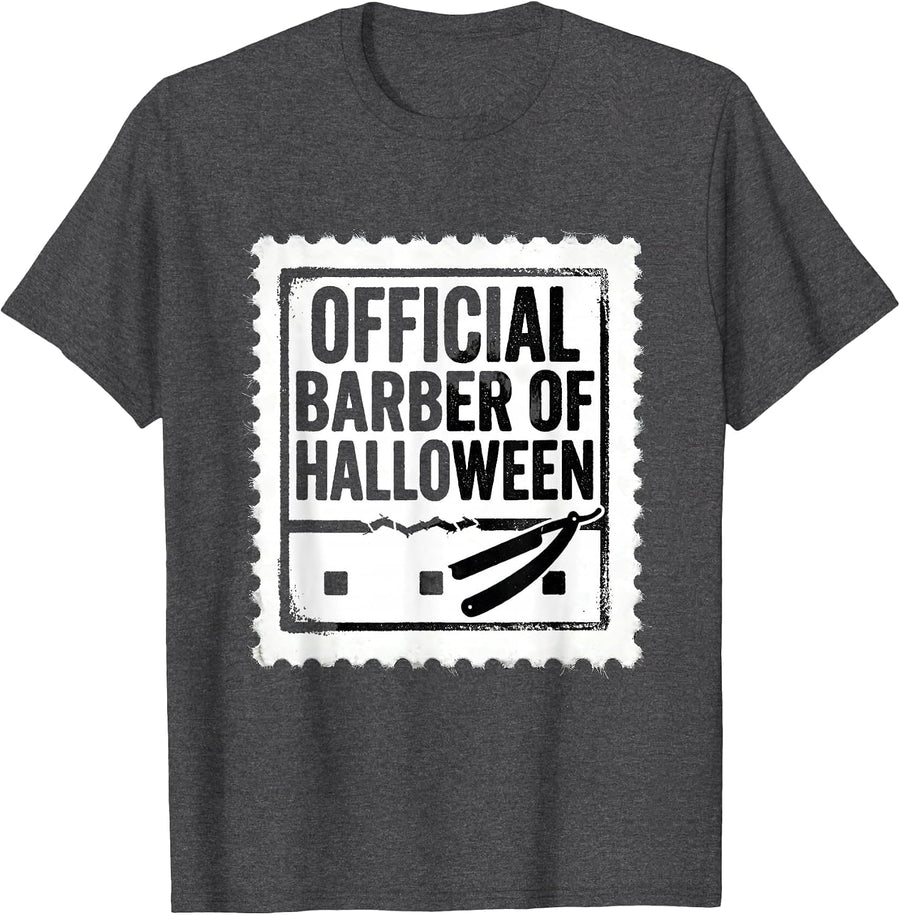 Men's Official Barber Of Halloween Rubber Stamp Skeleton Barber T-Shirt - Dark Heather Grey