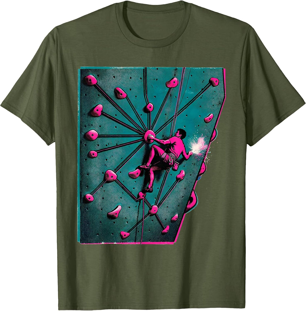 Bouldering Wall Route Diagram Risograph Climber Humor T-Shirt - Olive Green